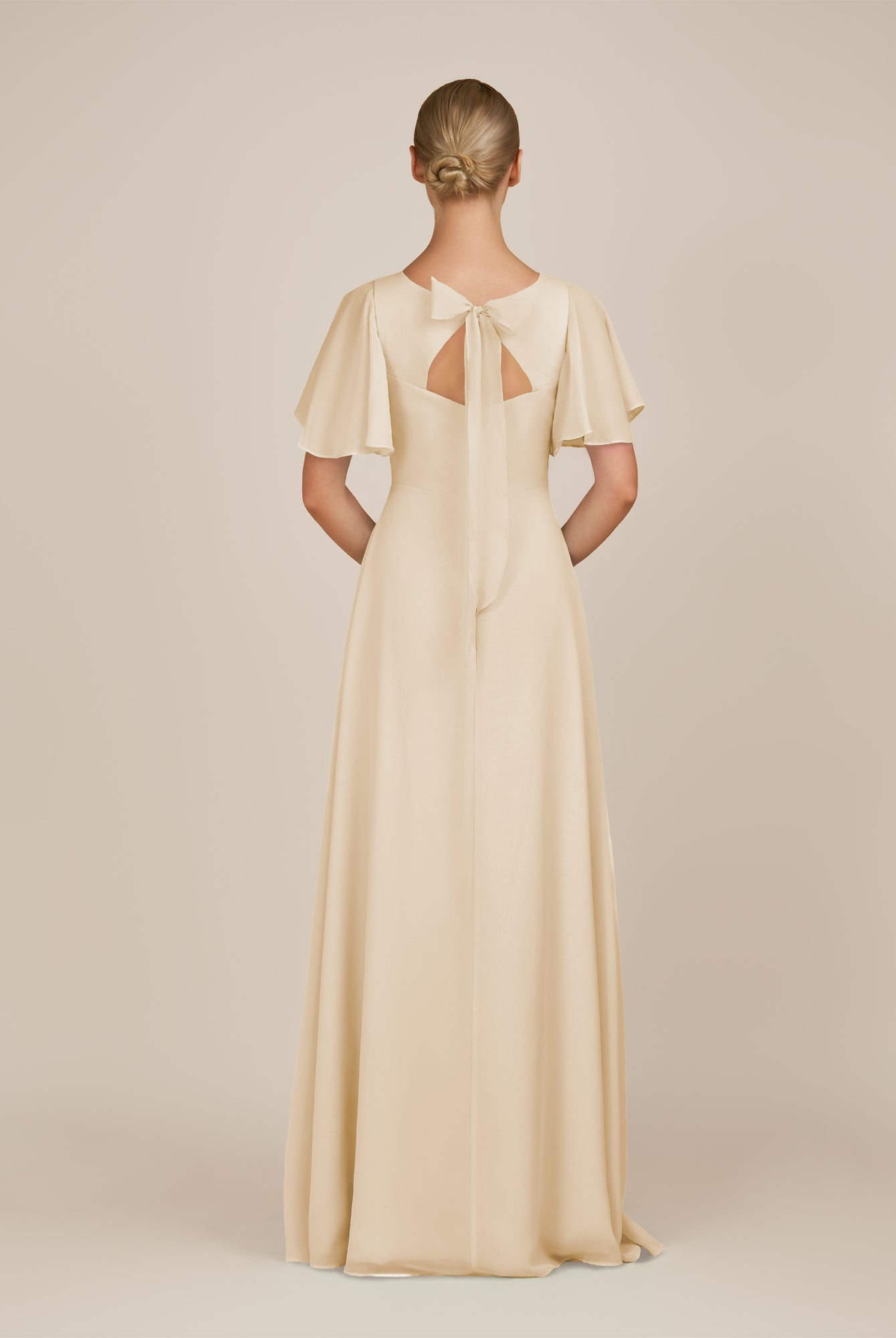KissDress-Zorina Champagne Sheath Chiffon Cap Sleeves V Neck Long Bridesmaid Dress with Slit