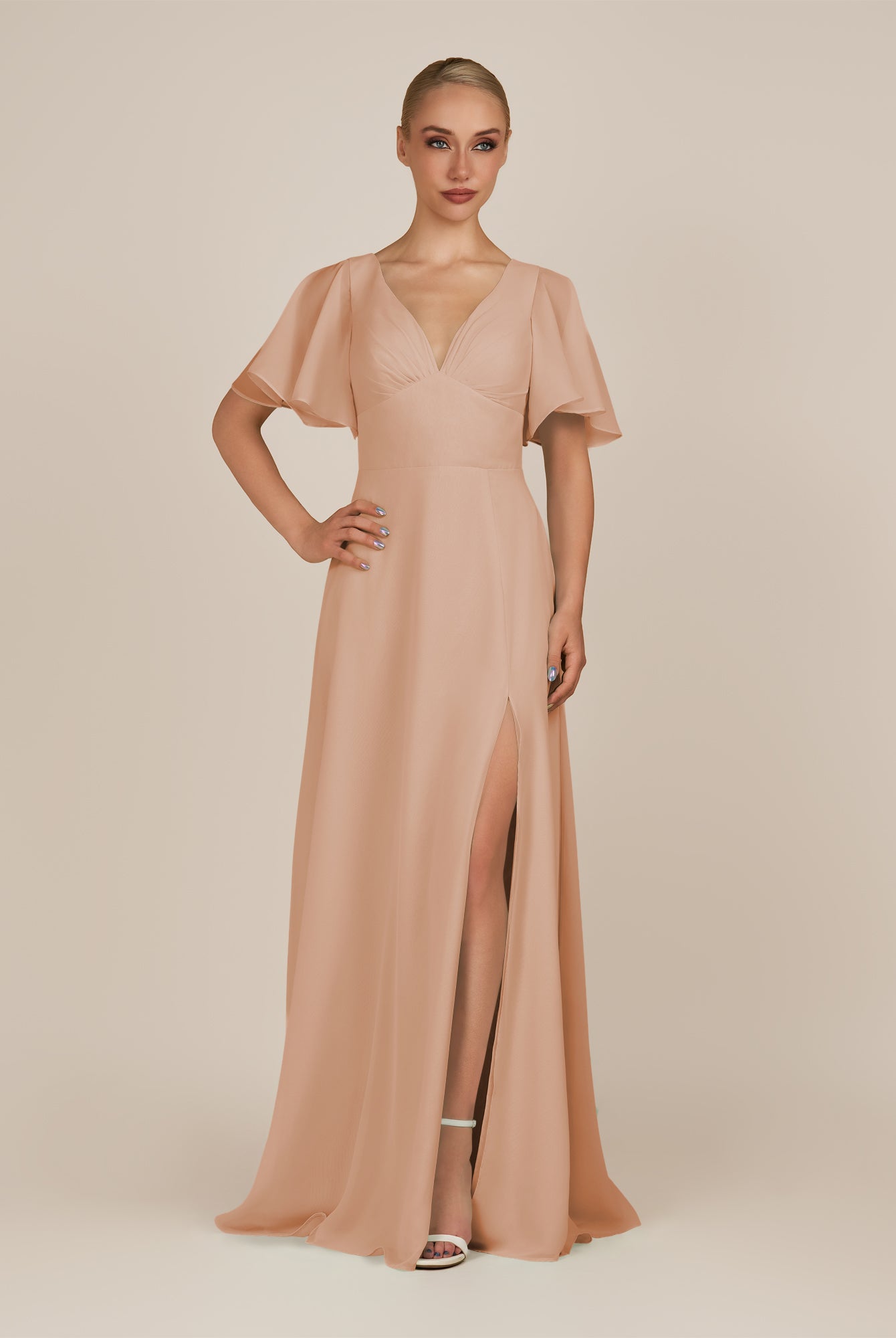 KissDress-Zorina Champagne Rose Sheath Chiffon Cap Sleeves V Neck Long Bridesmaid Dress with Slit