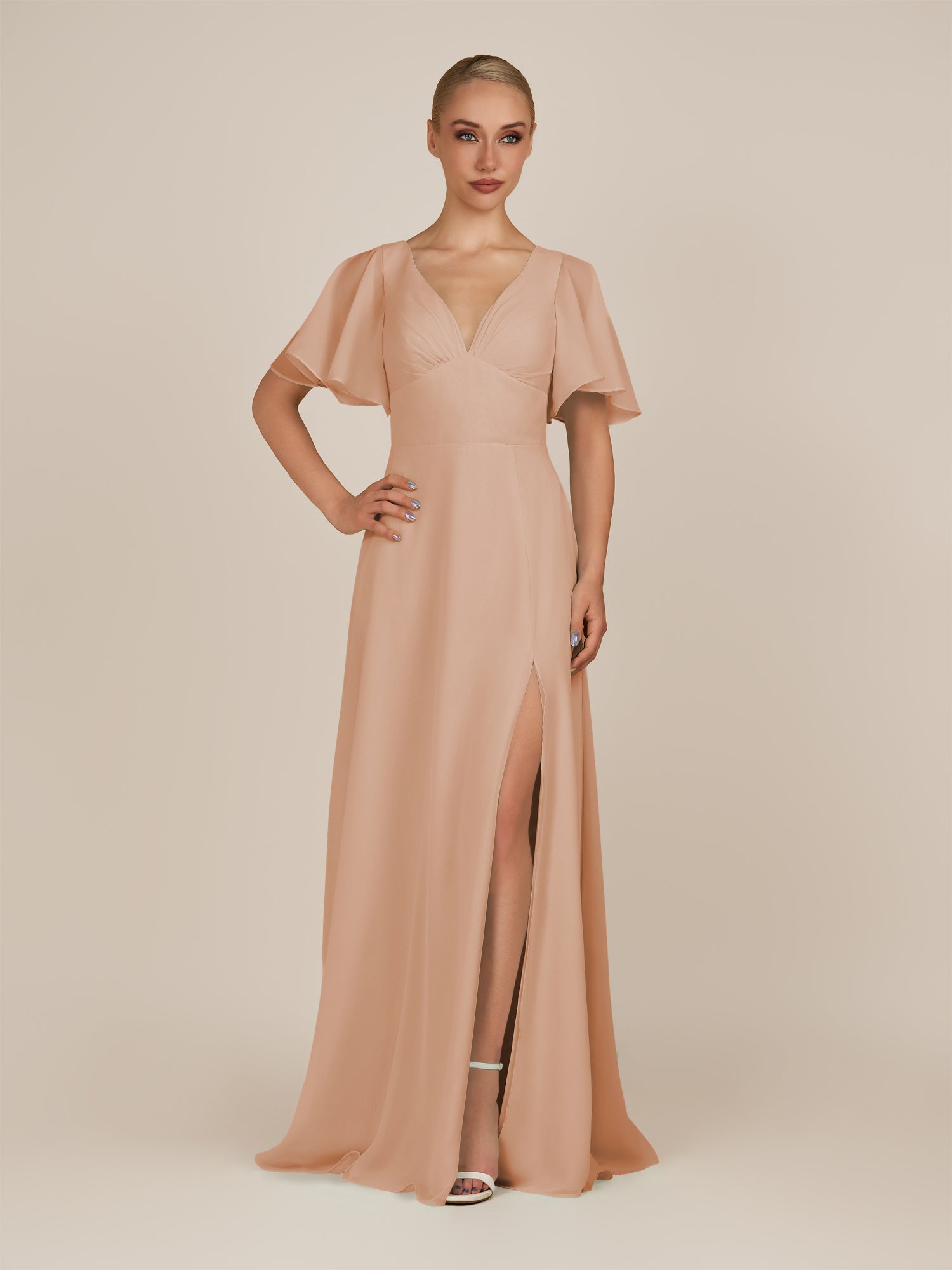 KissDress-Zorina Champagne Rose Sheath Chiffon Cap Sleeves V Neck Long Bridesmaid Dress with Slit