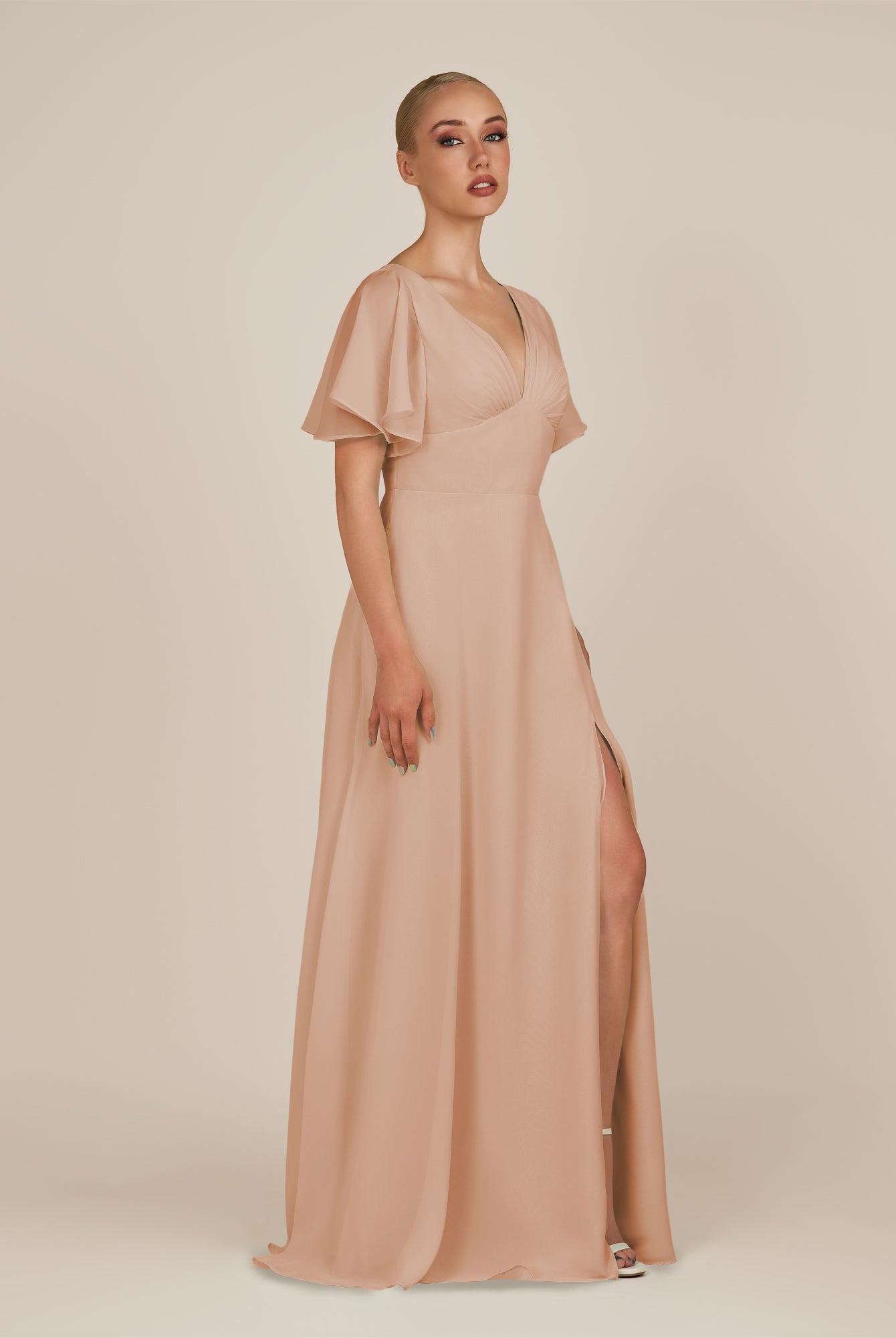 KissDress-Zorina Champagne Rose Sheath Chiffon Cap Sleeves V Neck Long Bridesmaid Dress with Slit