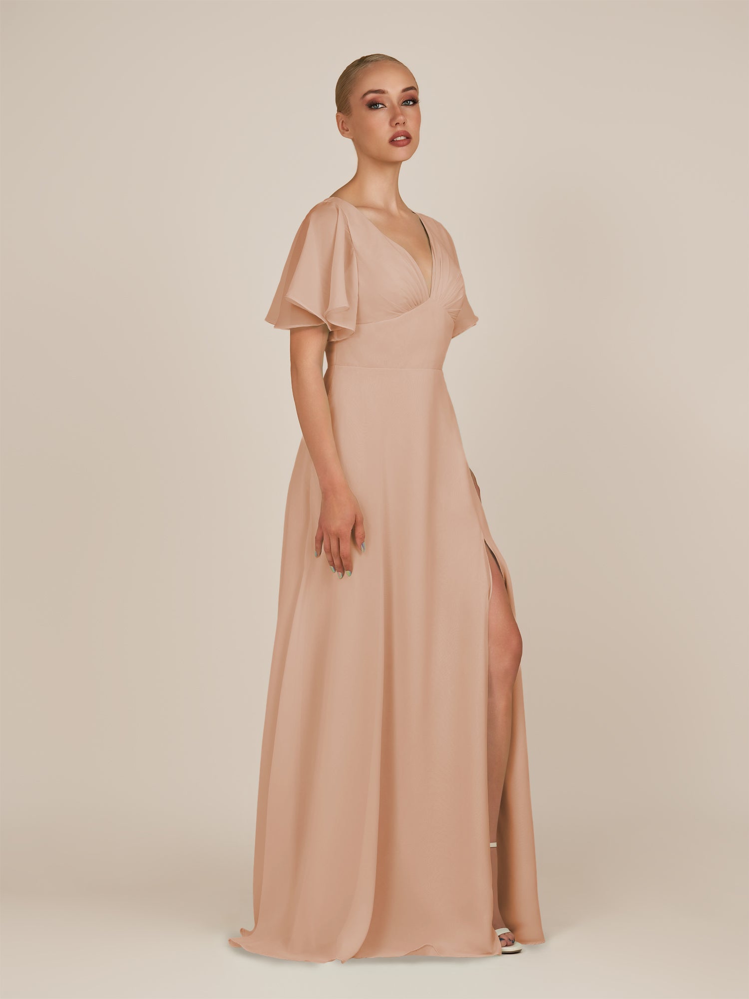 KissDress-Zorina Champagne Rose Sheath Chiffon Cap Sleeves V Neck Long Bridesmaid Dress with Slit