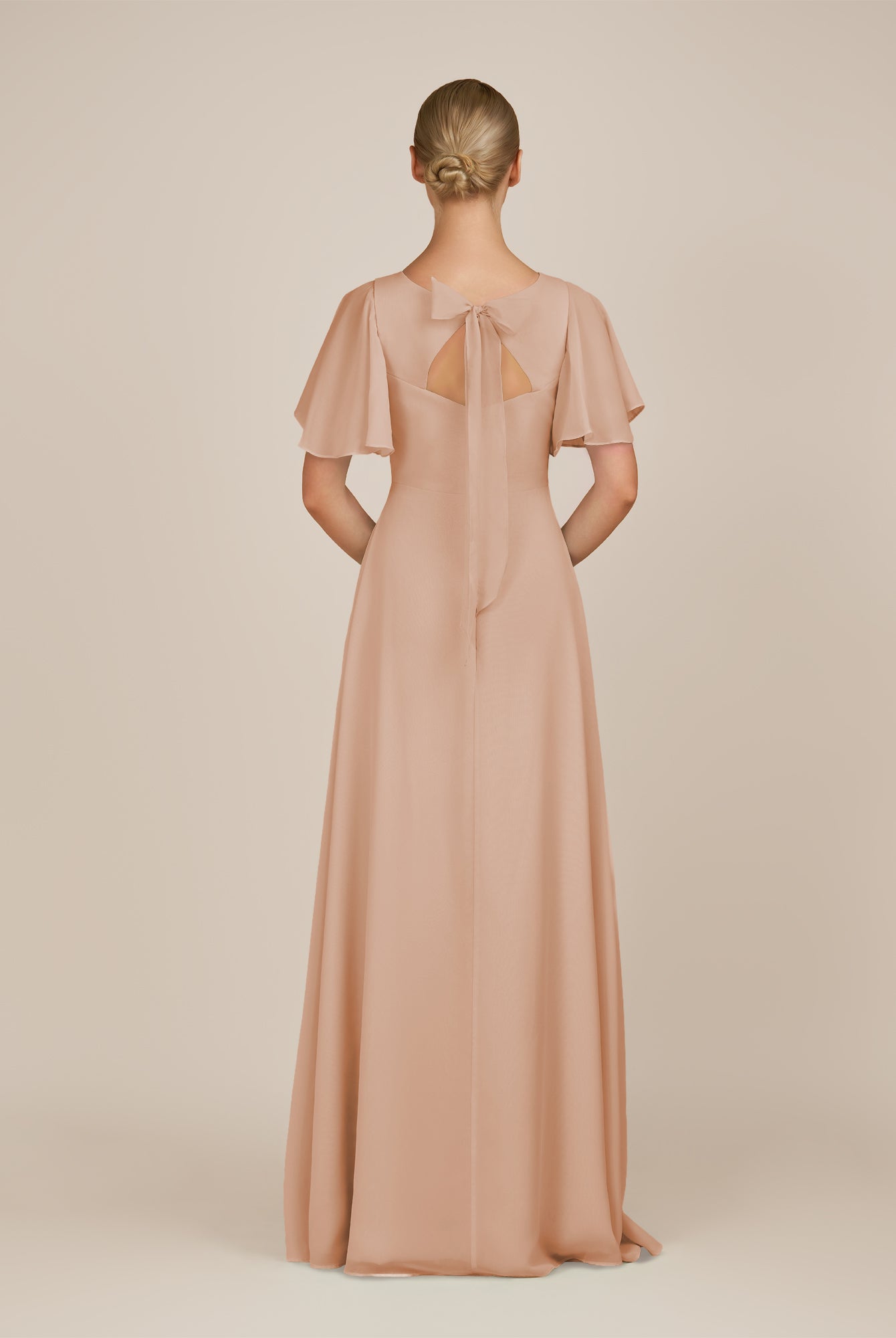 KissDress-Zorina Champagne Rose Sheath Chiffon Cap Sleeves V Neck Long Bridesmaid Dress with Slit