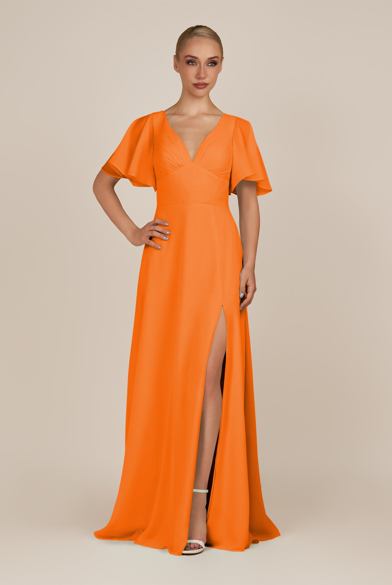 KissDress-Zorina Cinnamon Sheath Chiffon Cap Sleeves V Neck Long Bridesmaid Dress with Slit