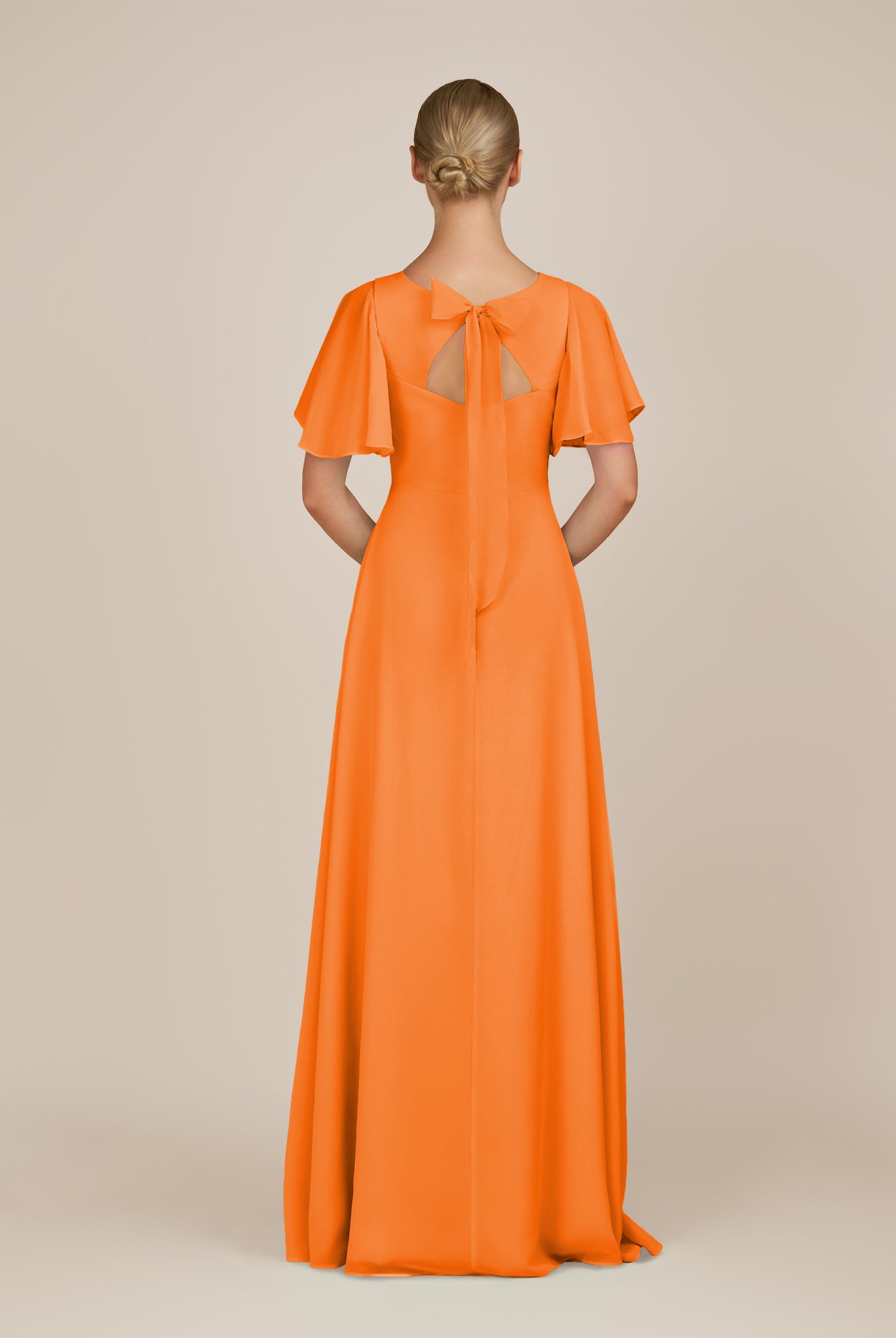 KissDress-Zorina Cinnamon Sheath Chiffon Cap Sleeves V Neck Long Bridesmaid Dress with Slit