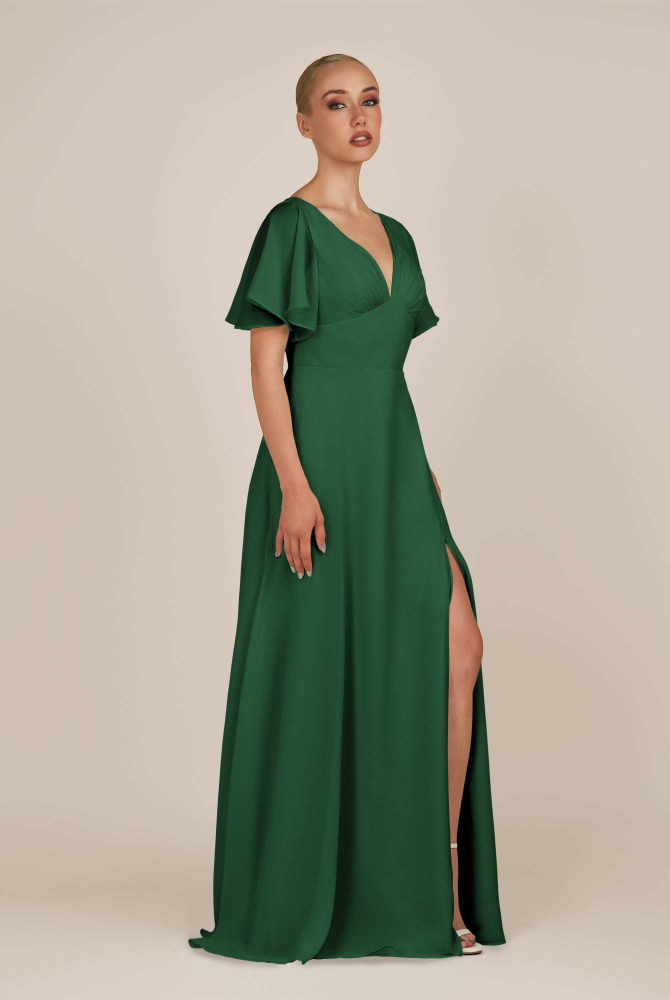 KissDress-Zorina Dark Green Sheath Chiffon Cap Sleeves V Neck Long Bridesmaid Dress with Slit
