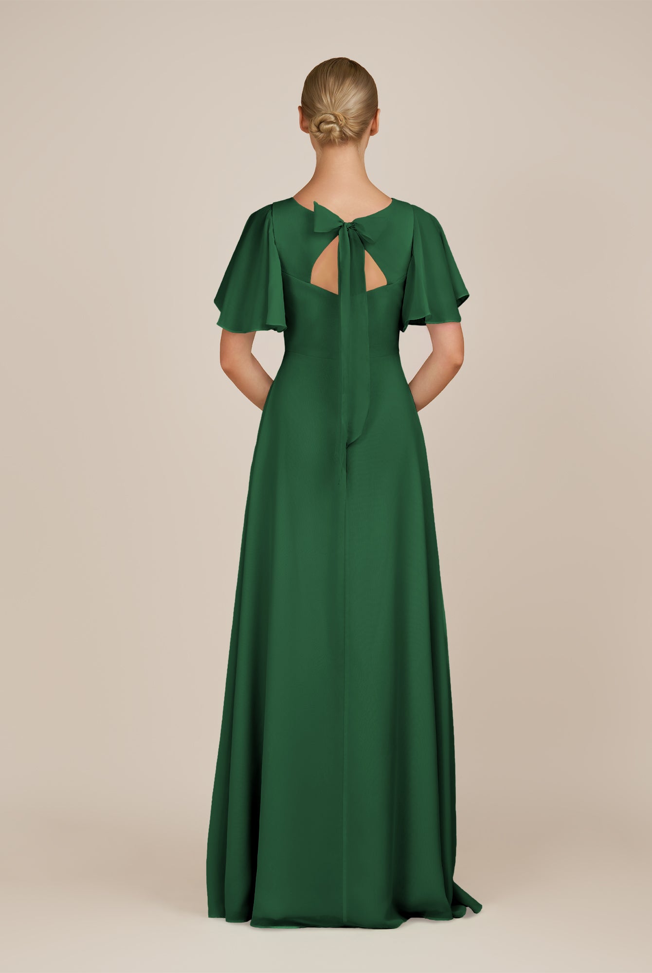 KissDress-Zorina Dark Green Sheath Chiffon Cap Sleeves V Neck Long Bridesmaid Dress with Slit