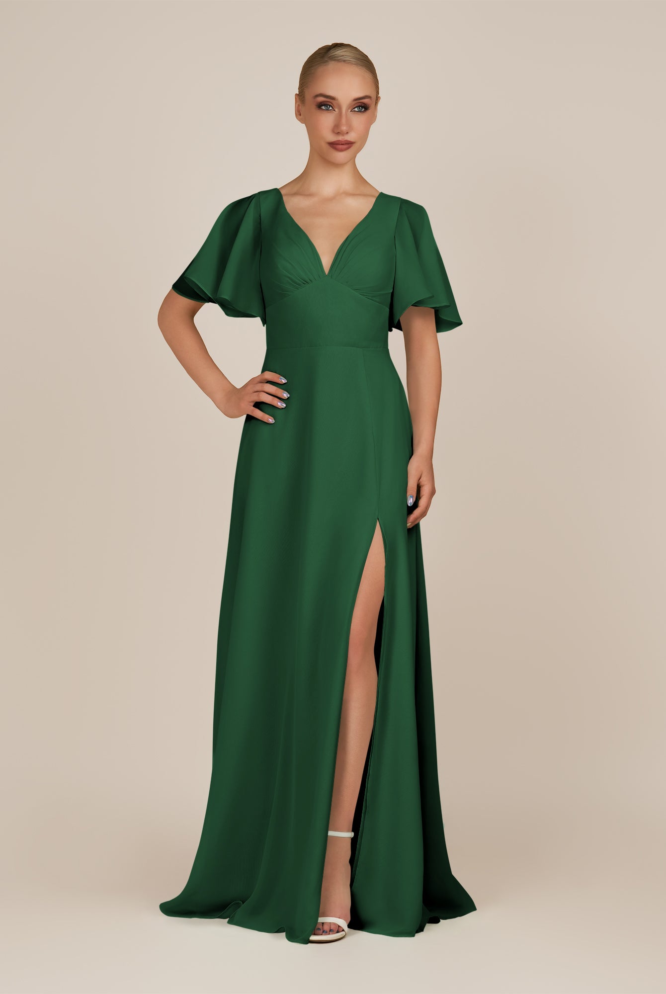 KissDress-Zorina Dark Green Sheath Chiffon Cap Sleeves V Neck Long Bridesmaid Dress with Slit