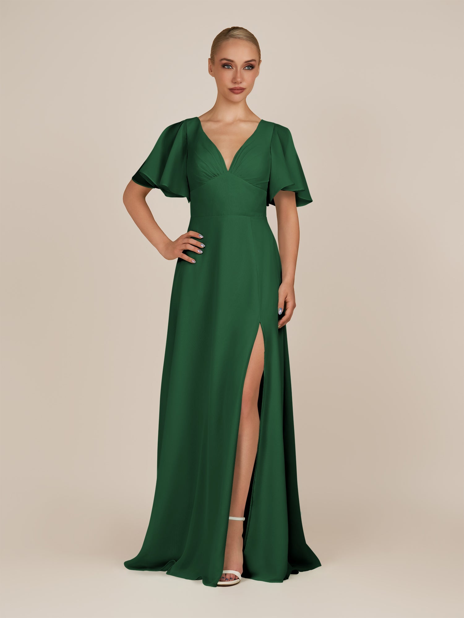 KissDress-Zorina Dark Green Sheath Chiffon Cap Sleeves V Neck Long Bridesmaid Dress with Slit