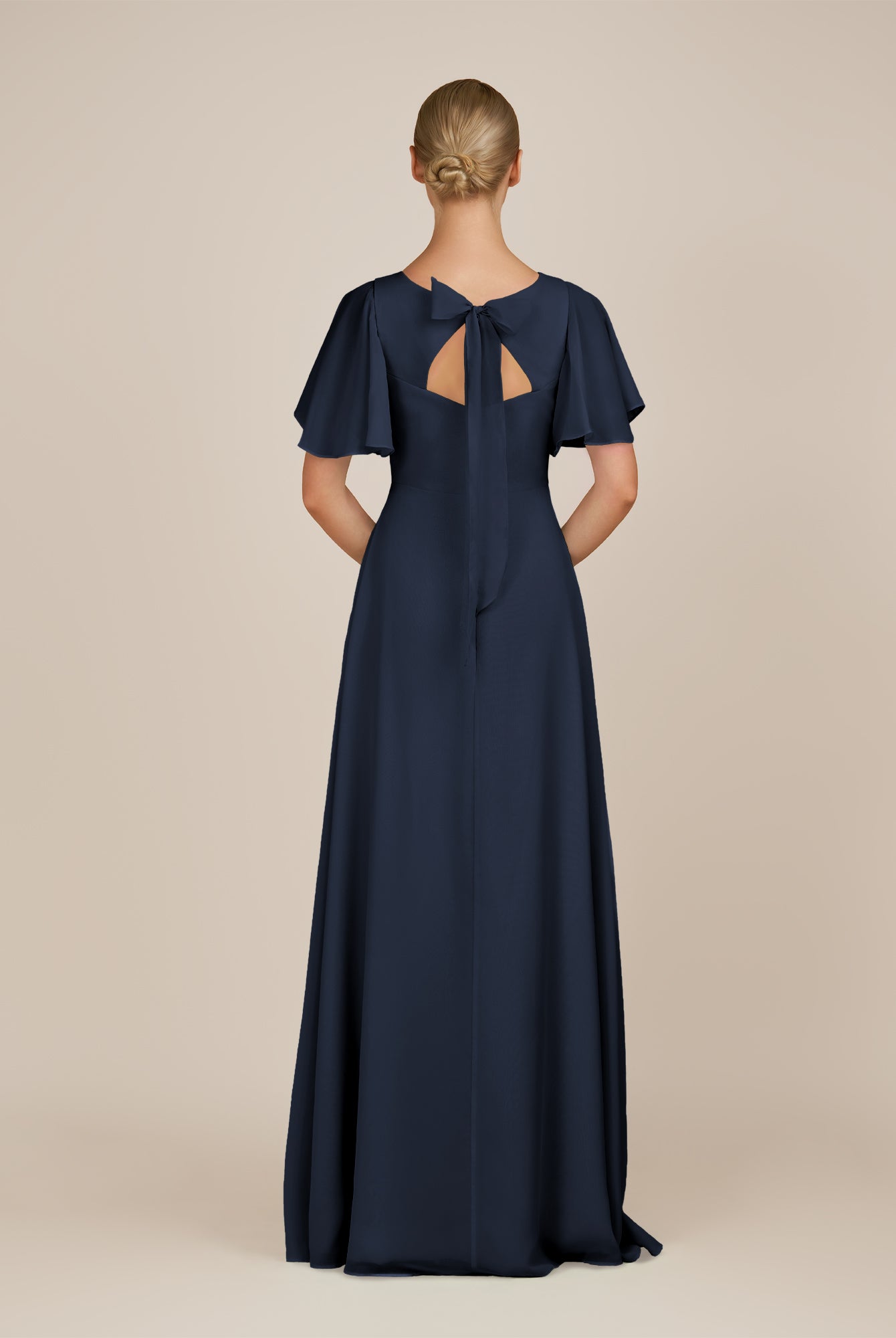 KissDress-Zorina Dark Navy Sheath Chiffon Cap Sleeves V Neck Long Bridesmaid Dress with Slit