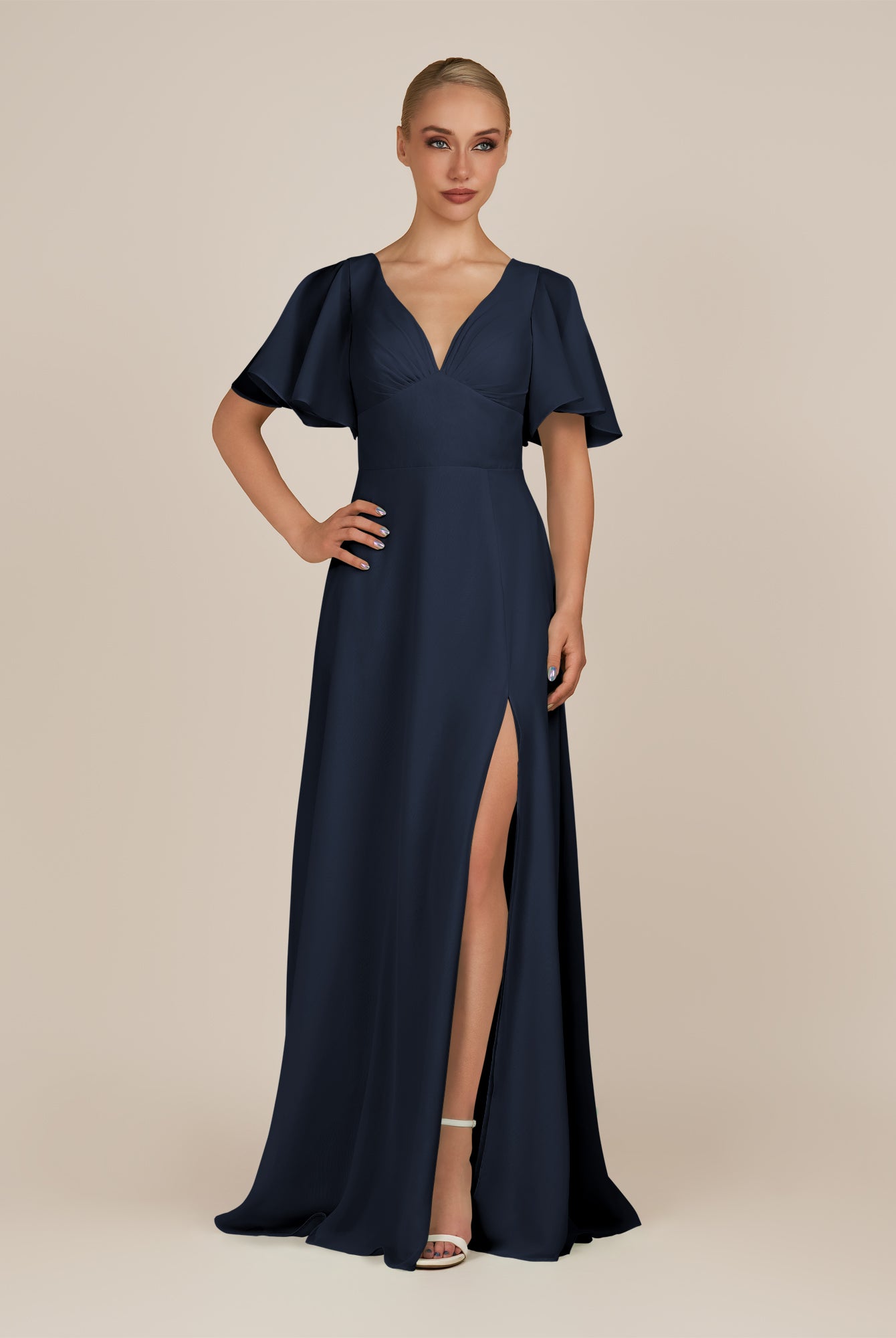 KissDress-Zorina Dark Navy Sheath Chiffon Cap Sleeves V Neck Long Bridesmaid Dress with Slit