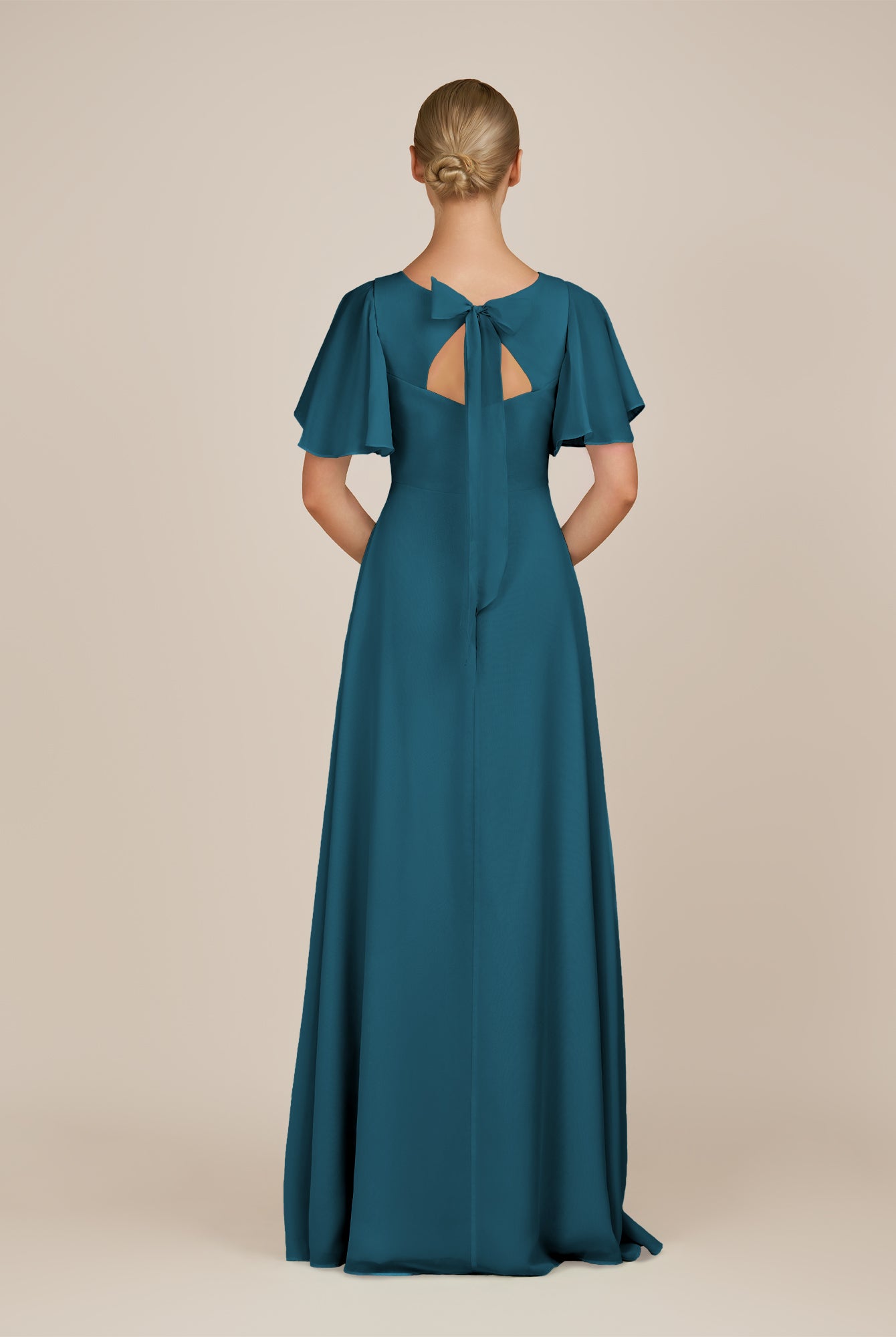 KissDress-Zorina Dark Teal Sheath Chiffon Cap Sleeves V Neck Long Bridesmaid Dress with Slit
