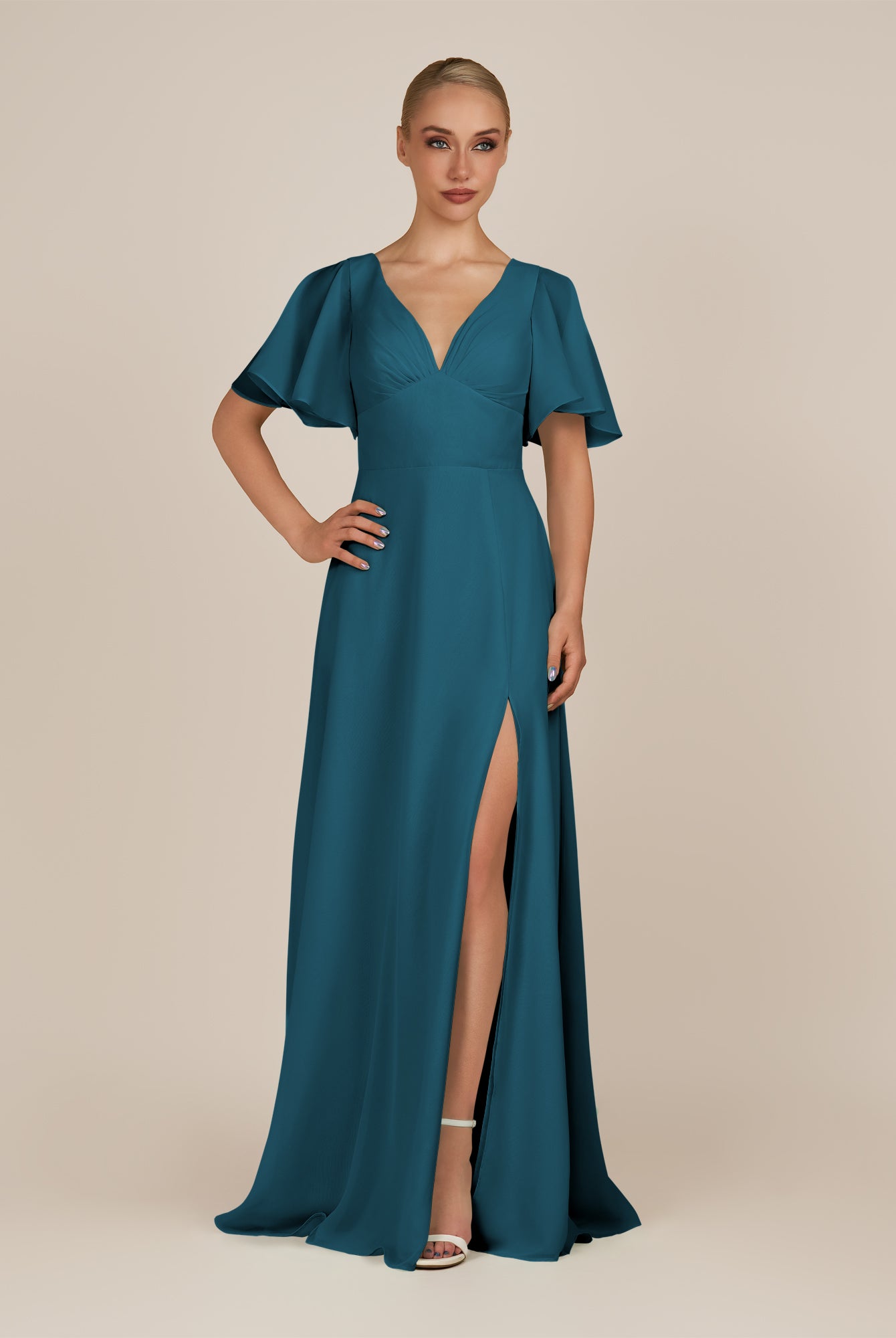 KissDress-Zorina Dark Teal Sheath Chiffon Cap Sleeves V Neck Long Bridesmaid Dress with Slit