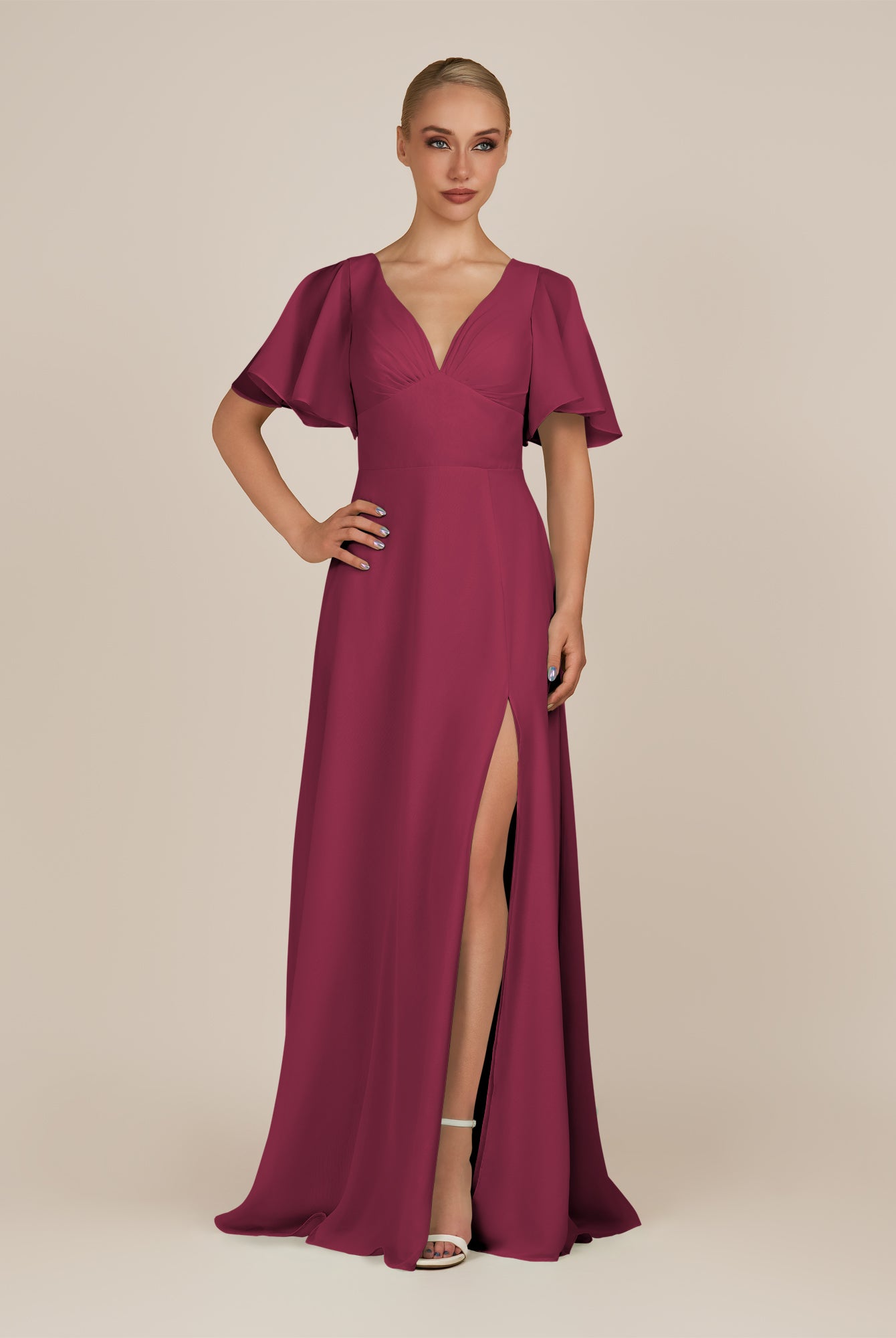 KissDress-Zorina Desert Rose Sheath Chiffon Cap Sleeves V Neck Long Bridesmaid Dress with Slit