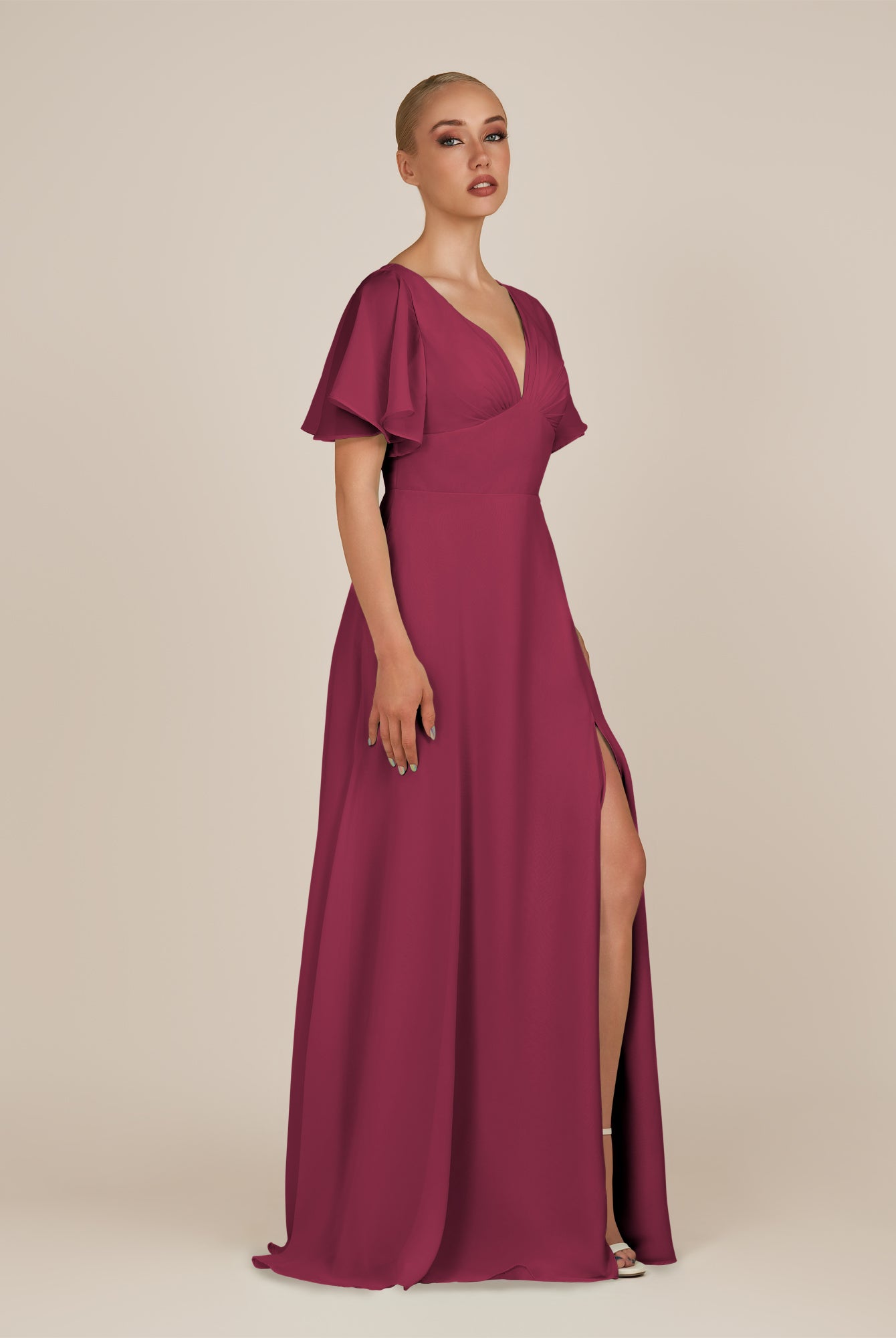KissDress-Zorina Desert Rose Sheath Chiffon Cap Sleeves V Neck Long Bridesmaid Dress with Slit