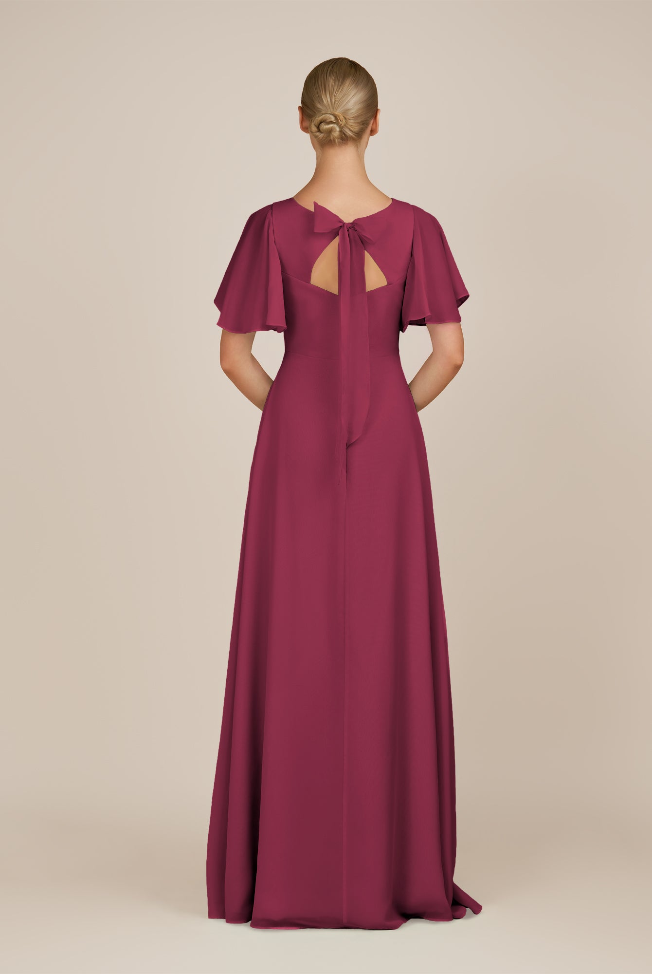 KissDress-Zorina Desert Rose Sheath Chiffon Cap Sleeves V Neck Long Bridesmaid Dress with Slit