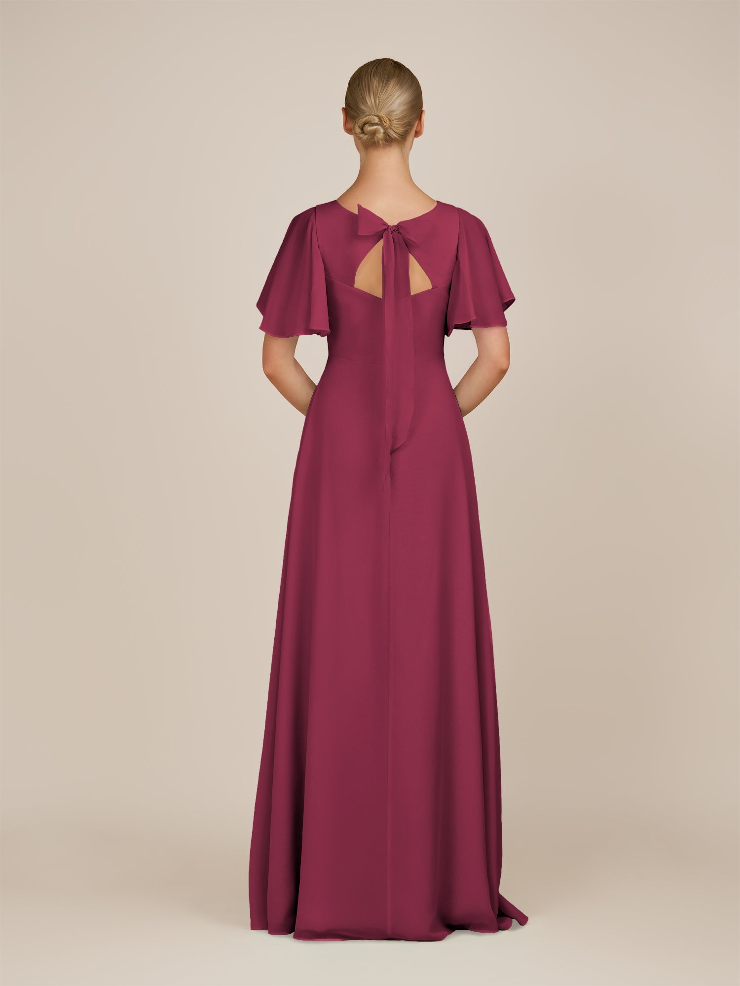 KissDress-Zorina Desert Rose Sheath Chiffon Cap Sleeves V Neck Long Bridesmaid Dress with Slit