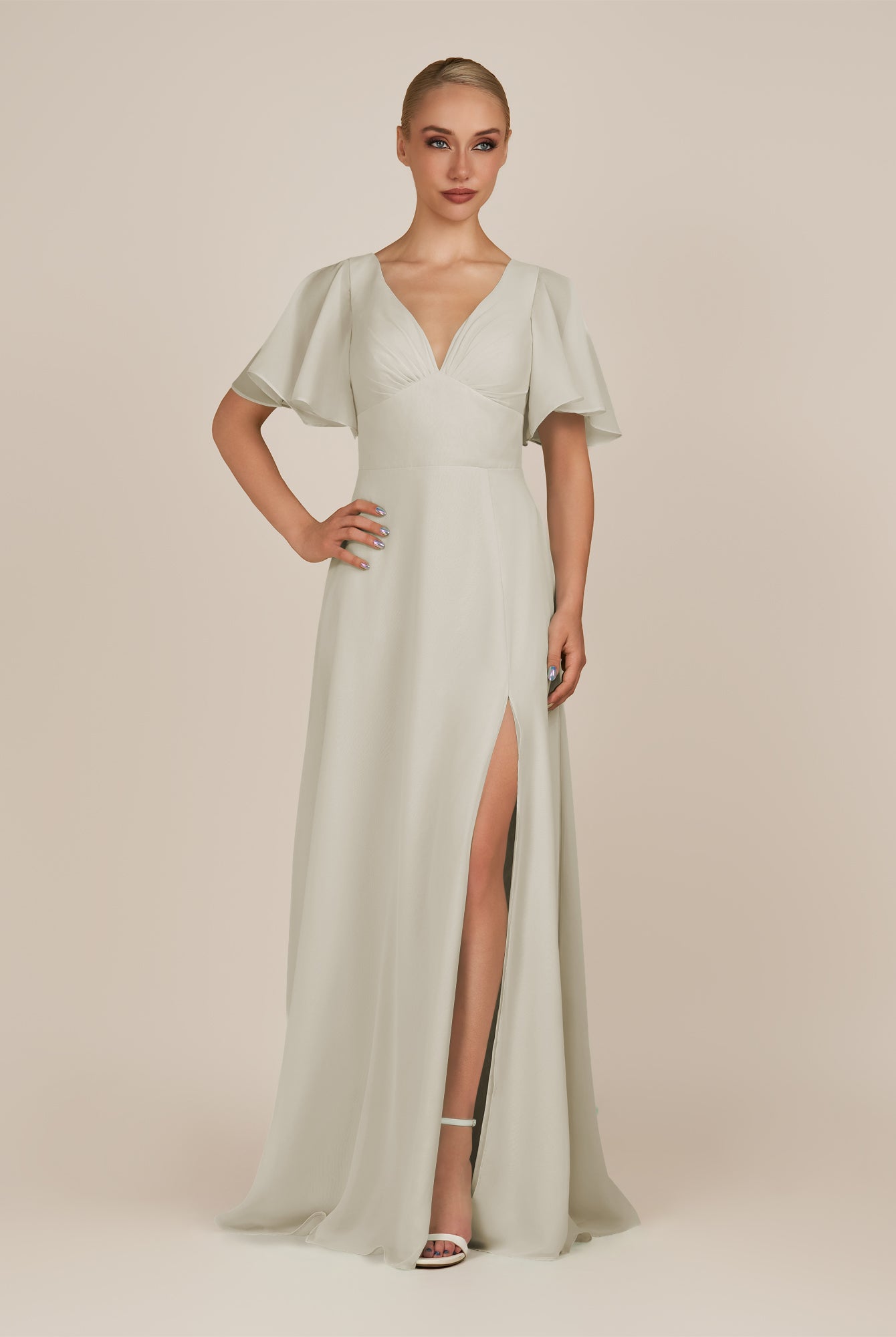 KissDress-Zorina Dove Gray Sheath Chiffon Cap Sleeves V Neck Long Bridesmaid Dress with Slit