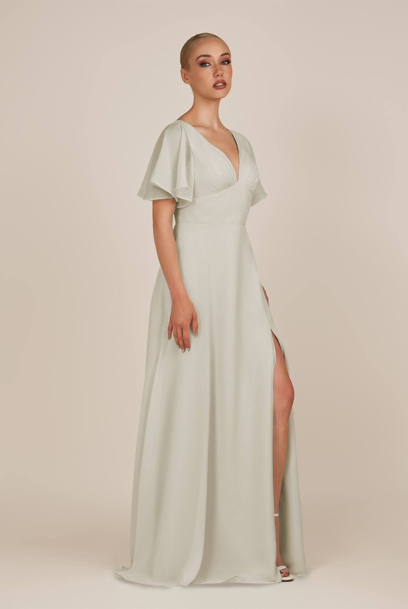 KissDress-Zorina Dove Gray Sheath Chiffon Cap Sleeves V Neck Long Bridesmaid Dress with Slit