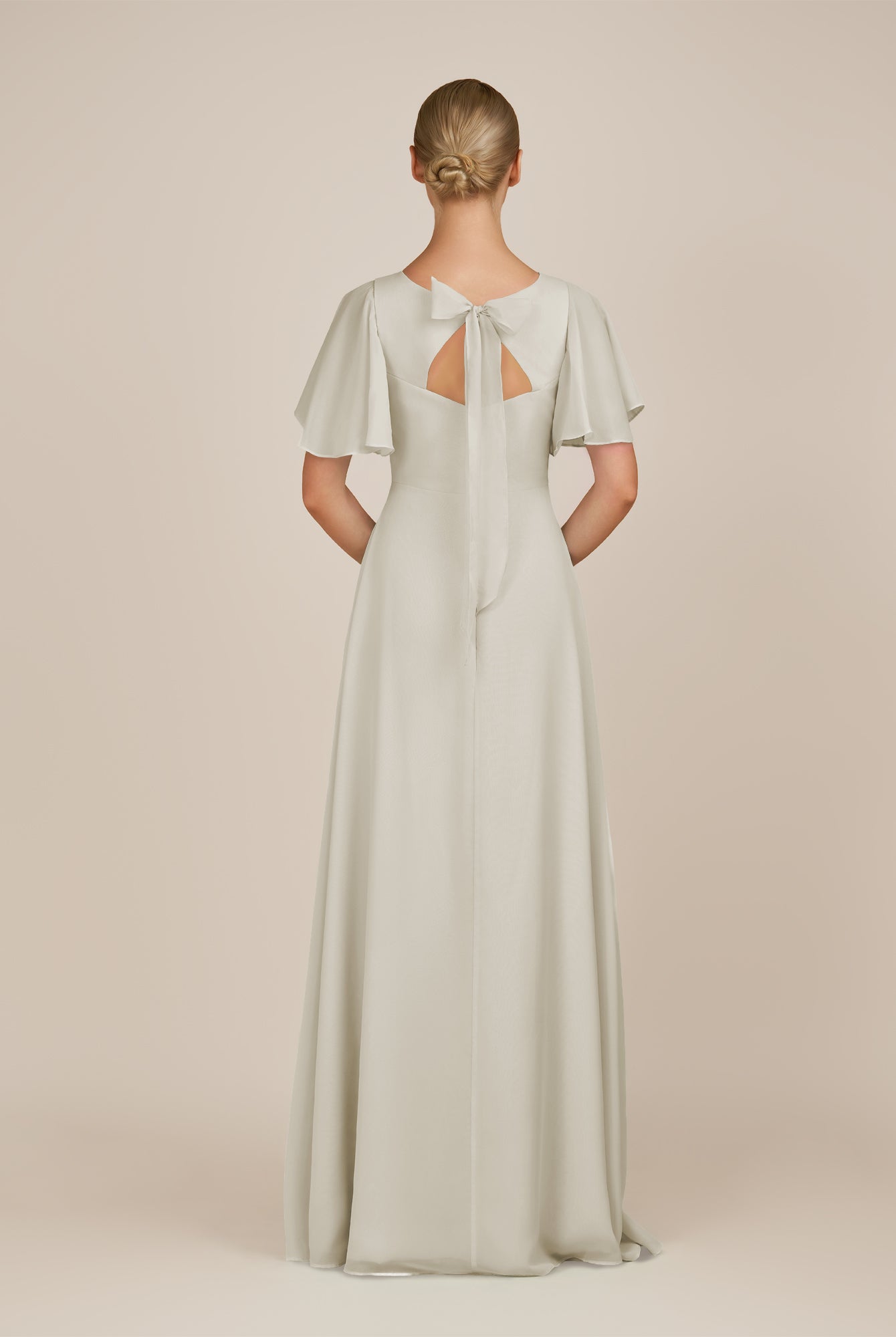 KissDress-Zorina Dove Gray Sheath Chiffon Cap Sleeves V Neck Long Bridesmaid Dress with Slit