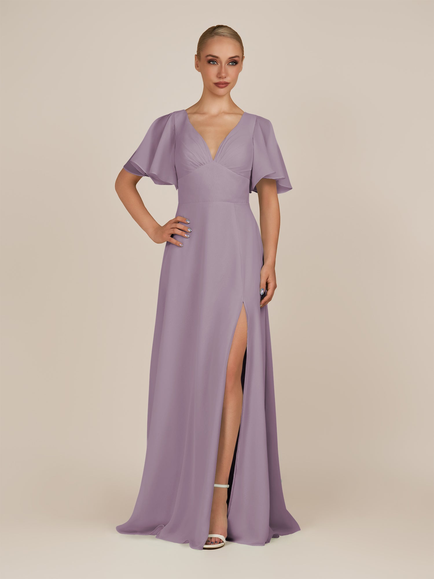 KissDress-Zorina Dusk Sheath Chiffon Cap Sleeves V Neck Long Bridesmaid Dress with Slit