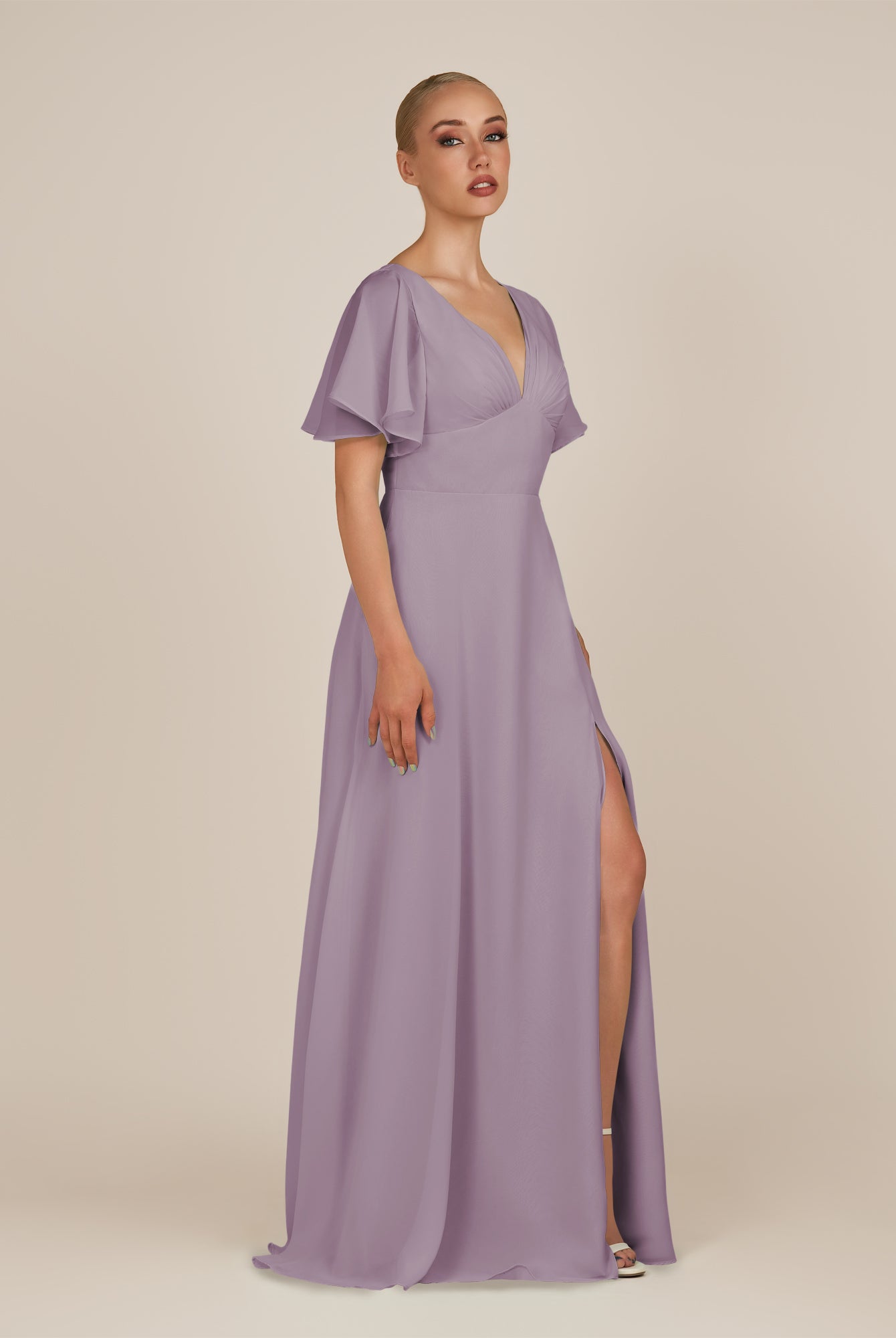 KissDress-Zorina Dusk Sheath Chiffon Cap Sleeves V Neck Long Bridesmaid Dress with Slit