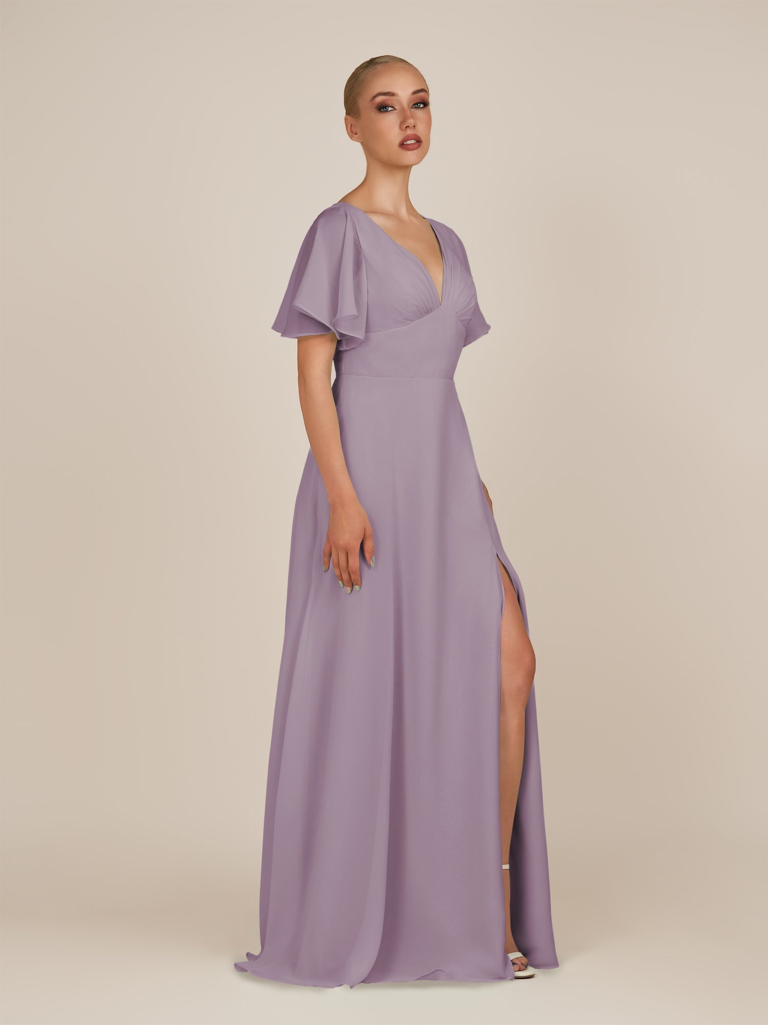 KissDress-Zorina Dusk Sheath Chiffon Cap Sleeves V Neck Long Bridesmaid Dress with Slit