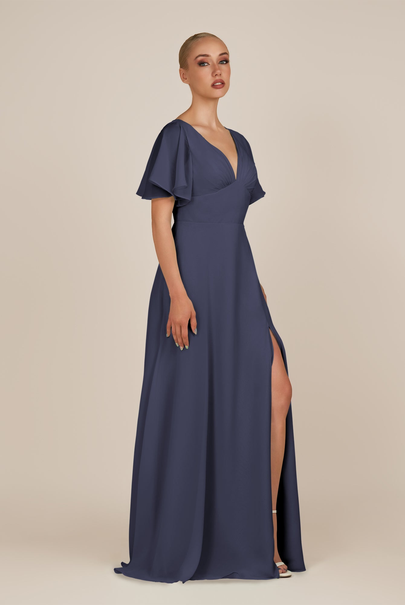 KissDress-Zorina Dusk Blue Sheath Chiffon Cap Sleeves V Neck Long Bridesmaid Dress with Slit
