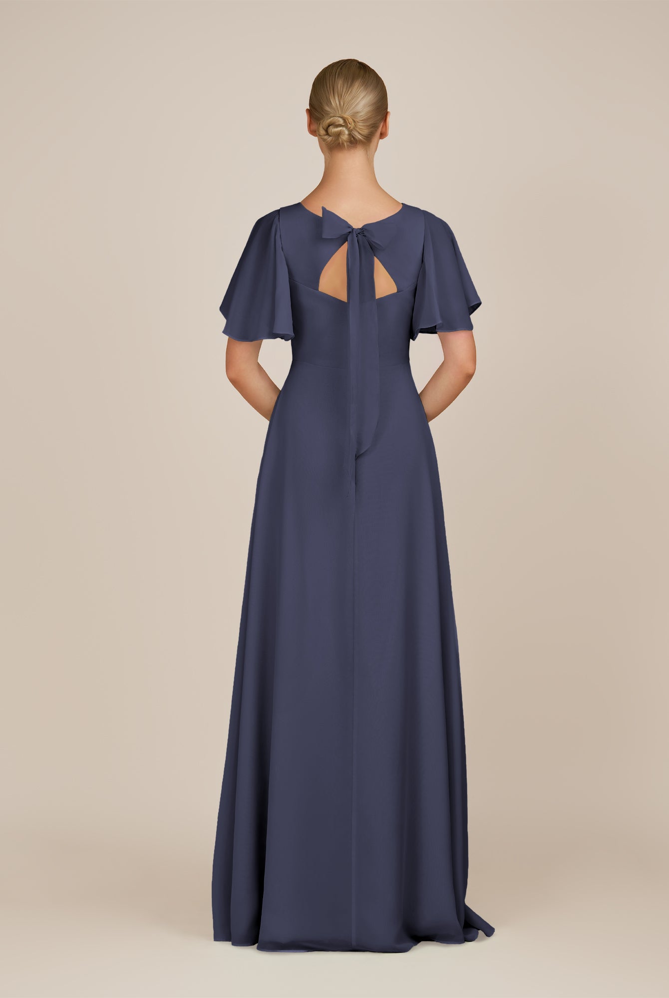 KissDress-Zorina Dusk Blue Sheath Chiffon Cap Sleeves V Neck Long Bridesmaid Dress with Slit