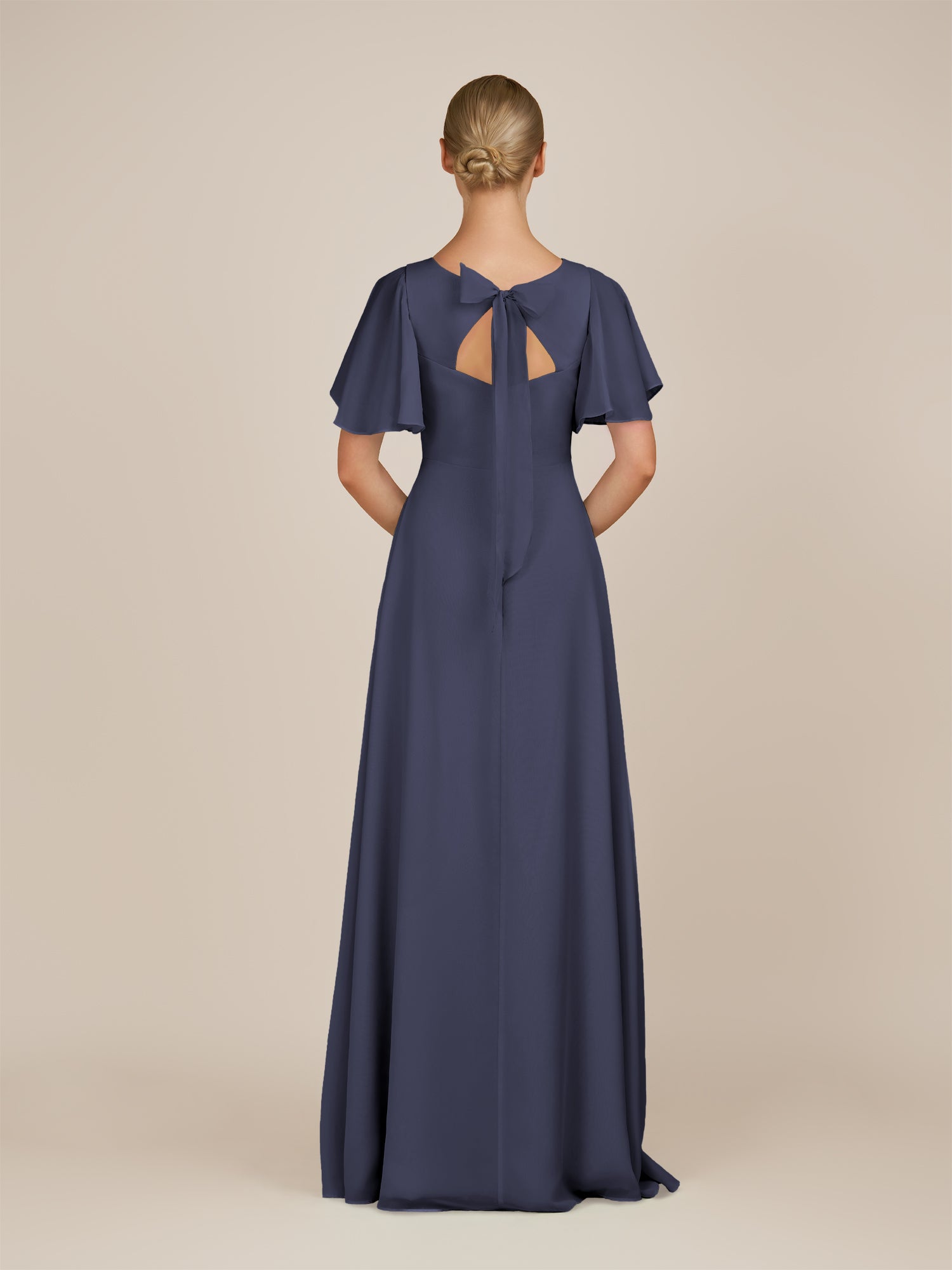 KissDress-Zorina Dusk Blue Sheath Chiffon Cap Sleeves V Neck Long Bridesmaid Dress with Slit