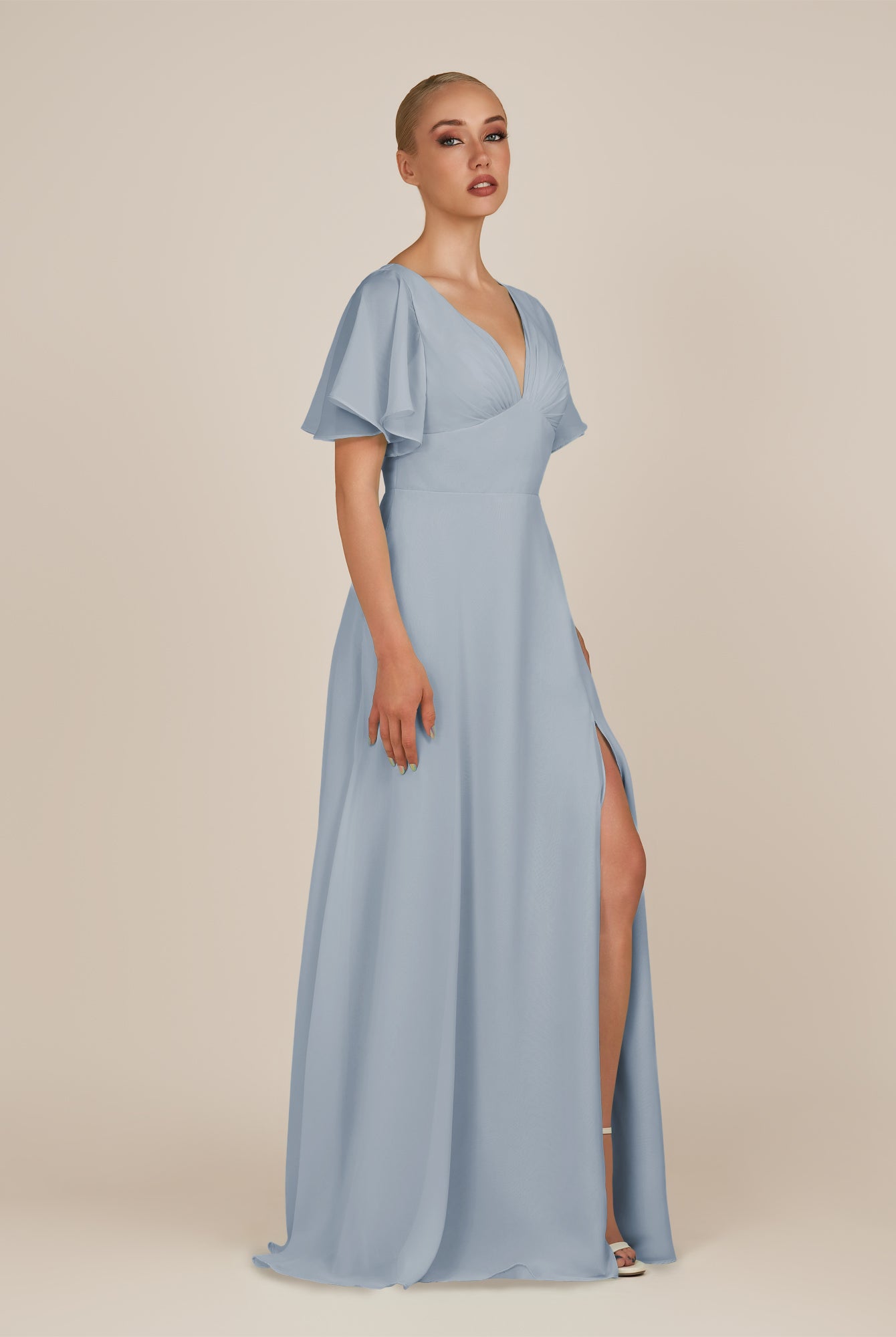 KissDress-Zorina Dusty Blue Sheath Chiffon Cap Sleeves V Neck Long Bridesmaid Dress with Slit