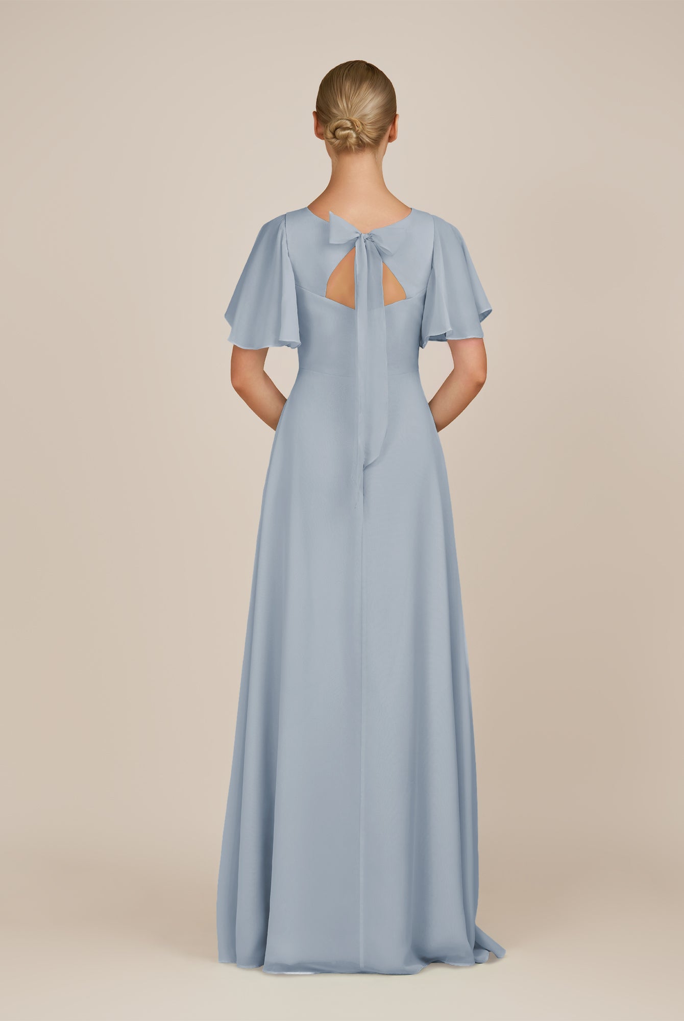 KissDress-Zorina Dusty Blue Sheath Chiffon Cap Sleeves V Neck Long Bridesmaid Dress with Slit