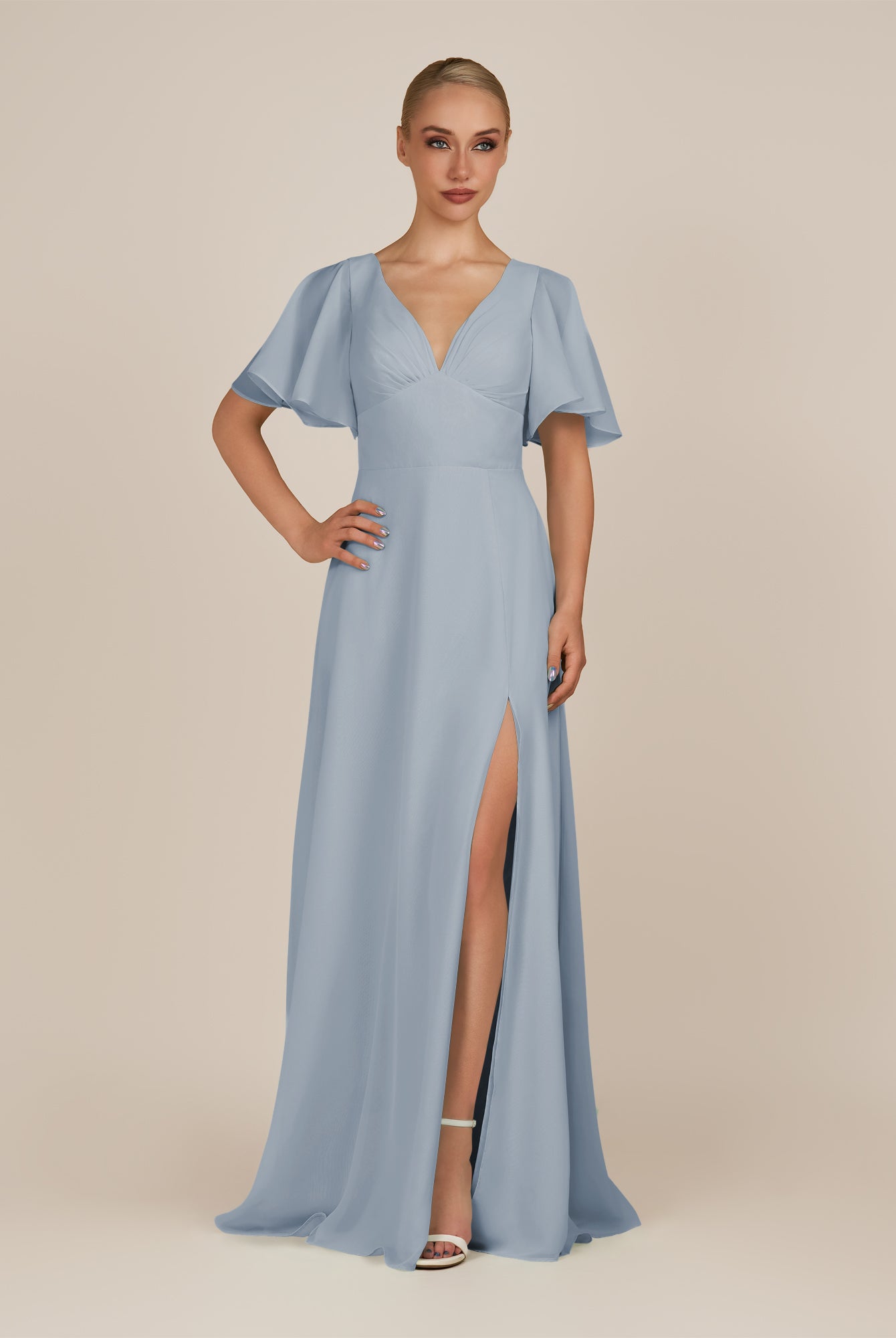 KissDress-Zorina Dusty Blue Sheath Chiffon Cap Sleeves V Neck Long Bridesmaid Dress with Slit