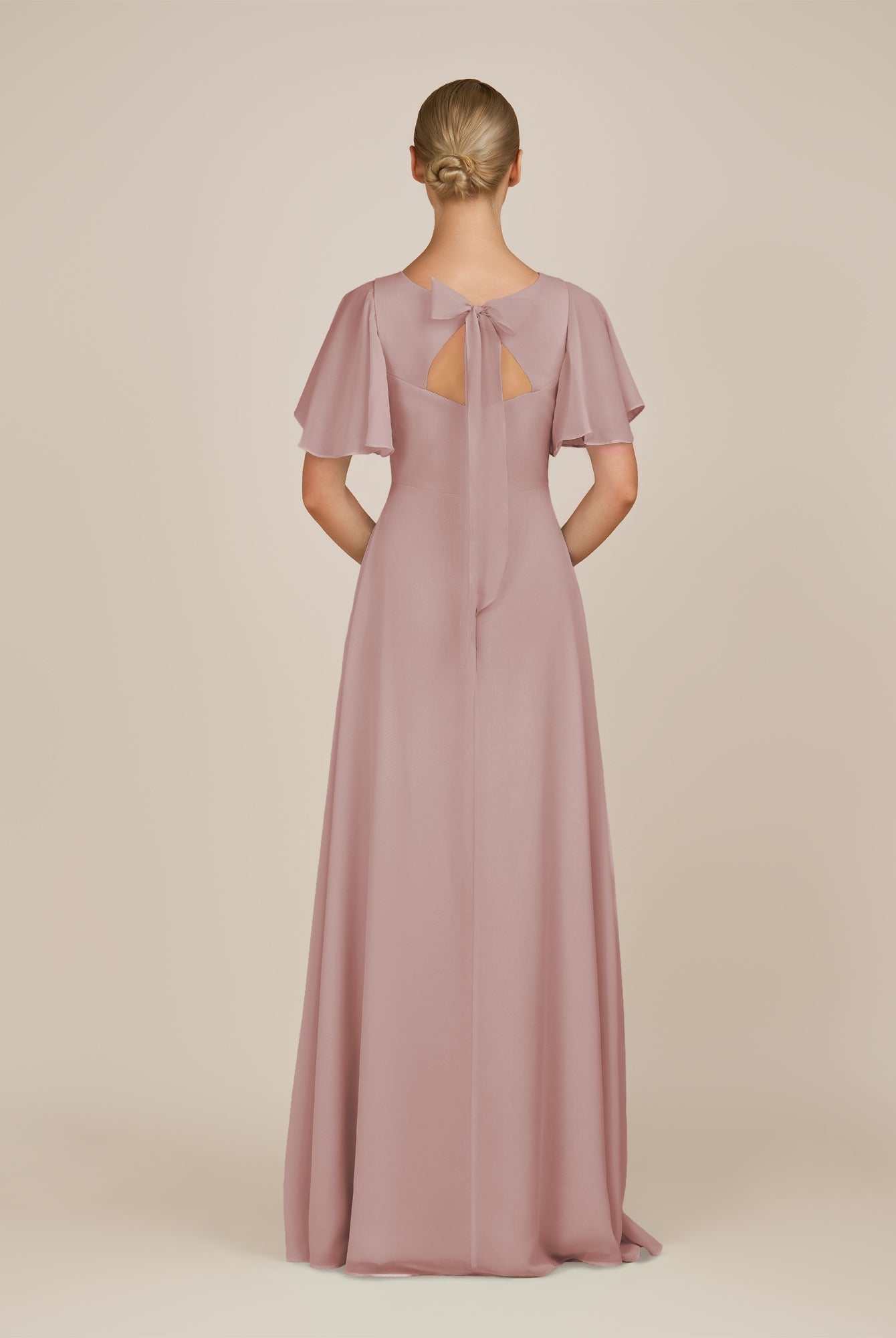 KissDress-Zorina Dusty Rose Sheath Chiffon Cap Sleeves V Neck Long Bridesmaid Dress with Slit