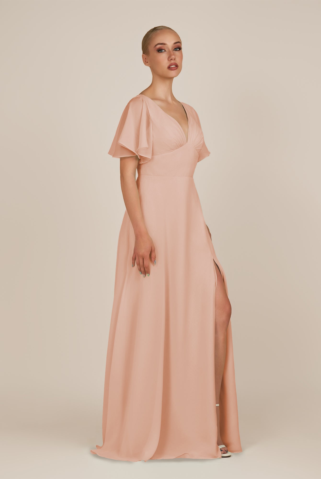 KissDress-Zorina English Rose Sheath Chiffon Cap Sleeves V Neck Long Bridesmaid Dress with Slit