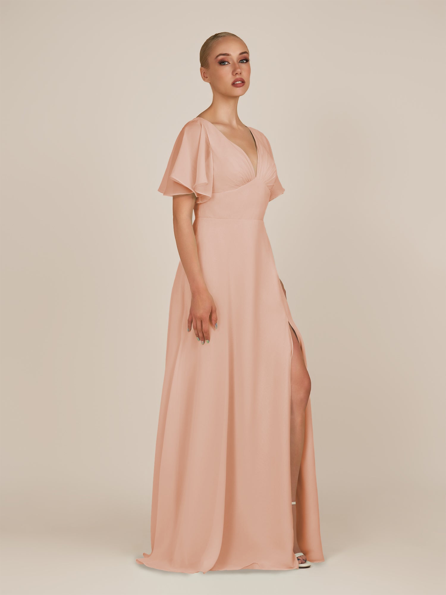 KissDress-Zorina English Rose Sheath Chiffon Cap Sleeves V Neck Long Bridesmaid Dress with Slit