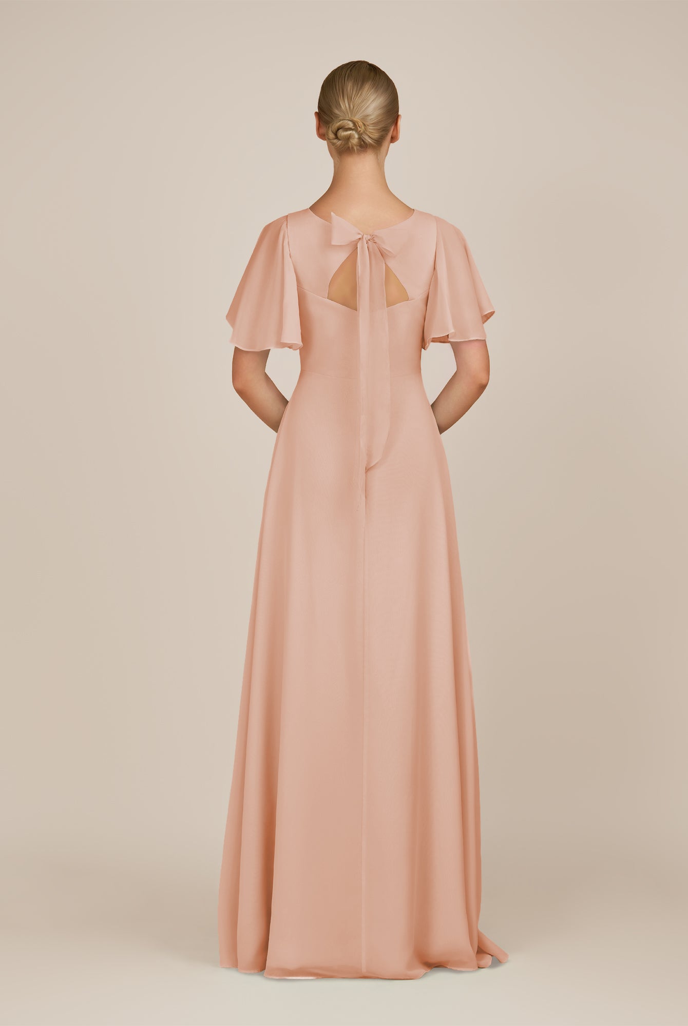 KissDress-Zorina English Rose Sheath Chiffon Cap Sleeves V Neck Long Bridesmaid Dress with Slit