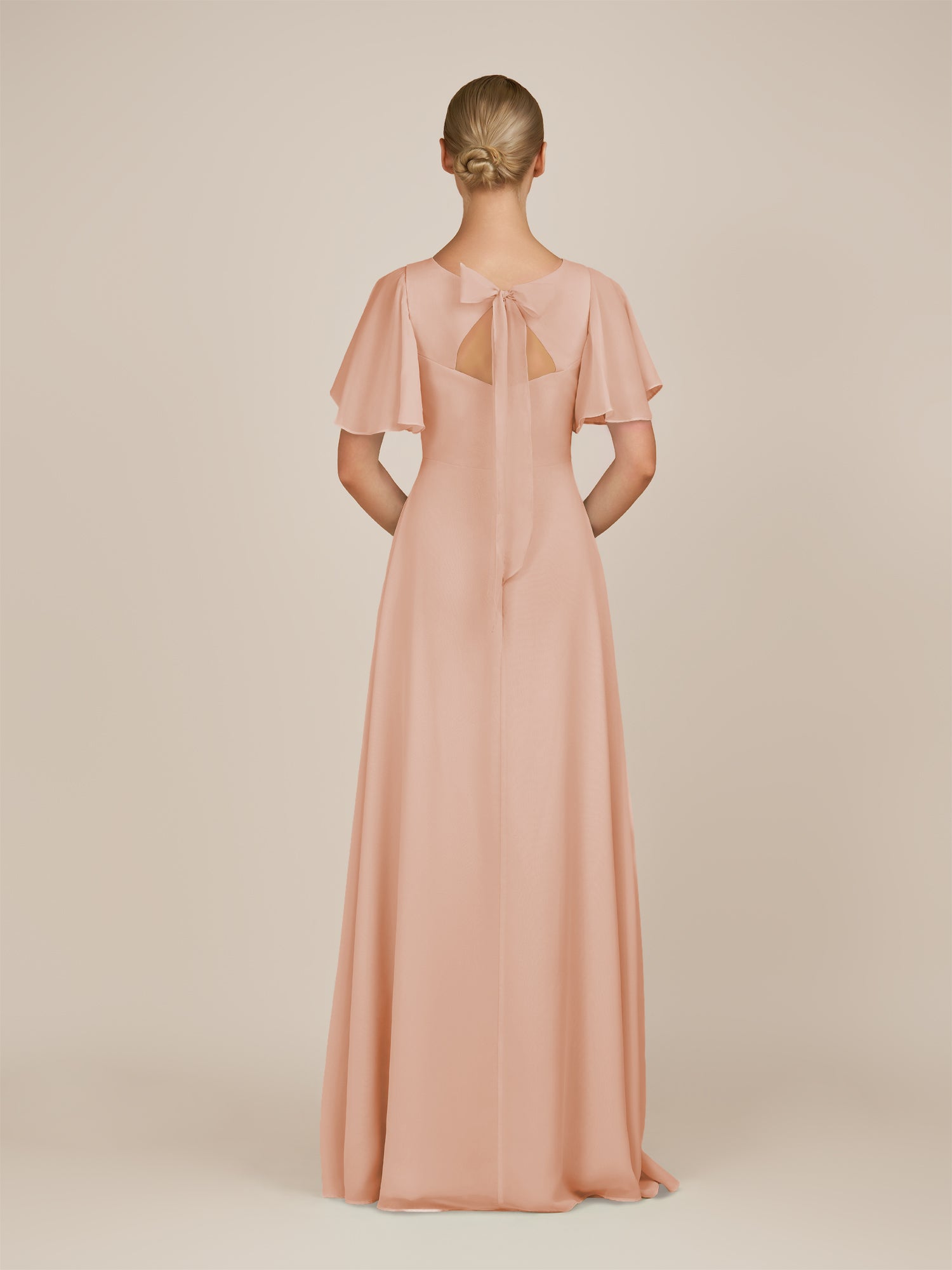 KissDress-Zorina English Rose Sheath Chiffon Cap Sleeves V Neck Long Bridesmaid Dress with Slit