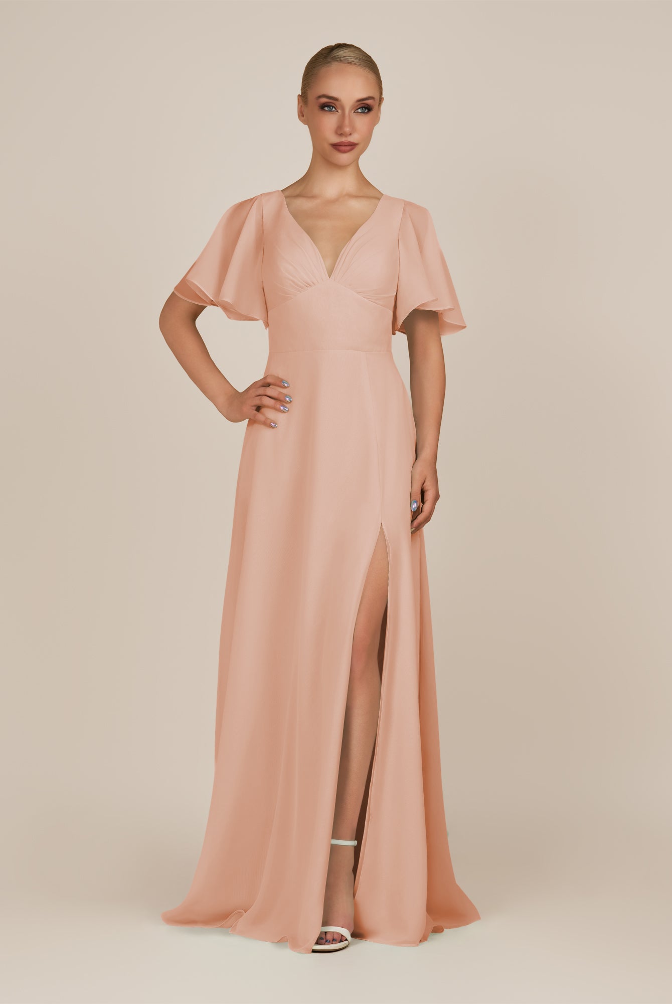 KissDress-Zorina English Rose Sheath Chiffon Cap Sleeves V Neck Long Bridesmaid Dress with Slit