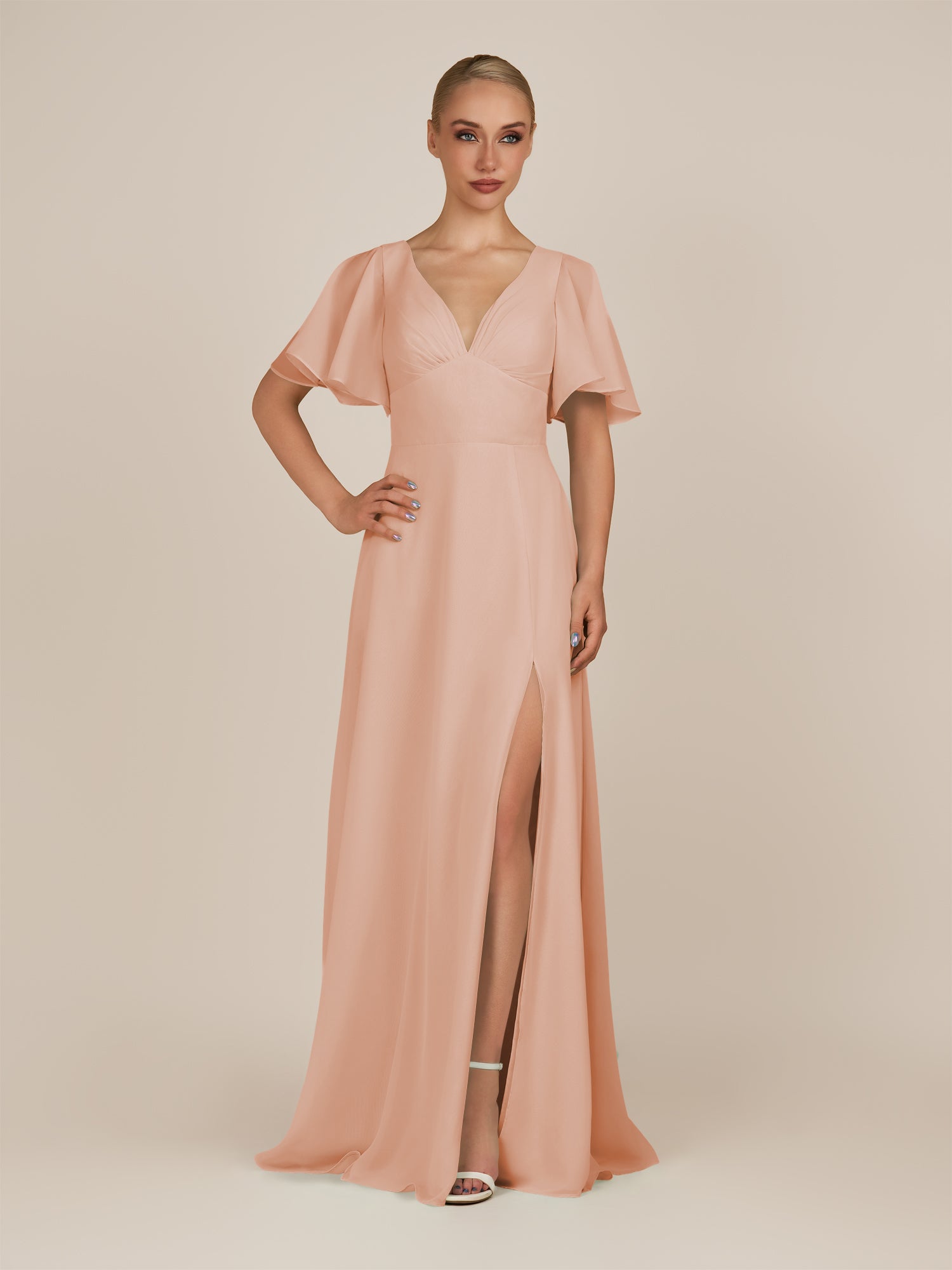 KissDress-Zorina English Rose Sheath Chiffon Cap Sleeves V Neck Long Bridesmaid Dress with Slit