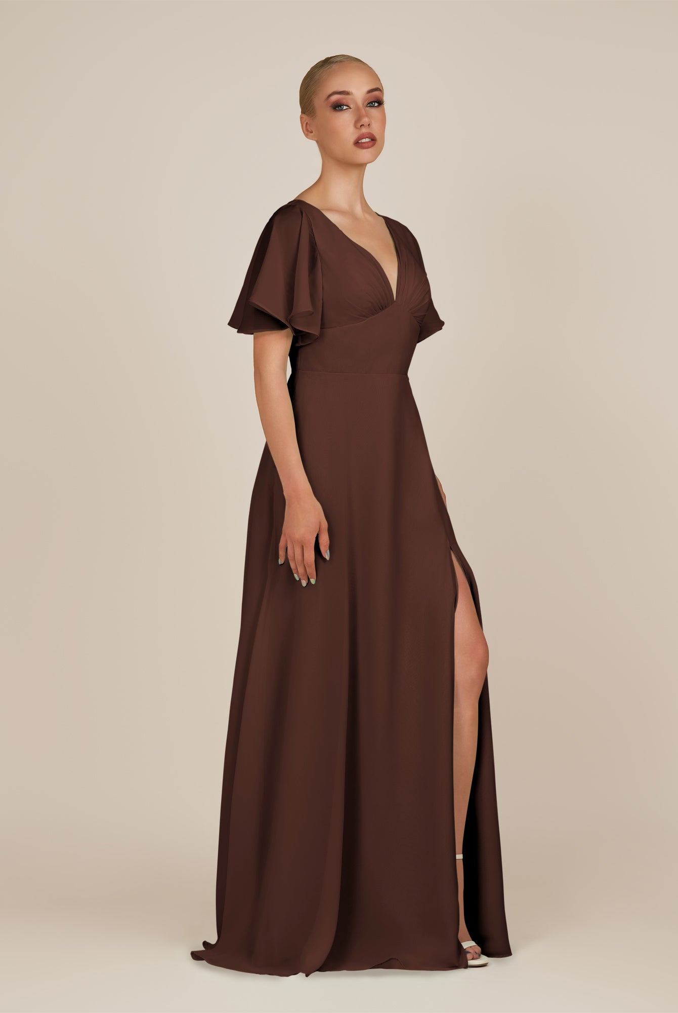 KissDress-Zorina Espresso Sheath Chiffon Cap Sleeves V Neck Long Bridesmaid Dress with Slit