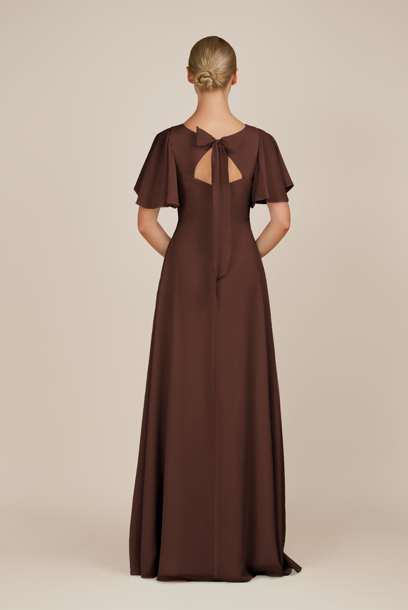 KissDress-Zorina Espresso Sheath Chiffon Cap Sleeves V Neck Long Bridesmaid Dress with Slit