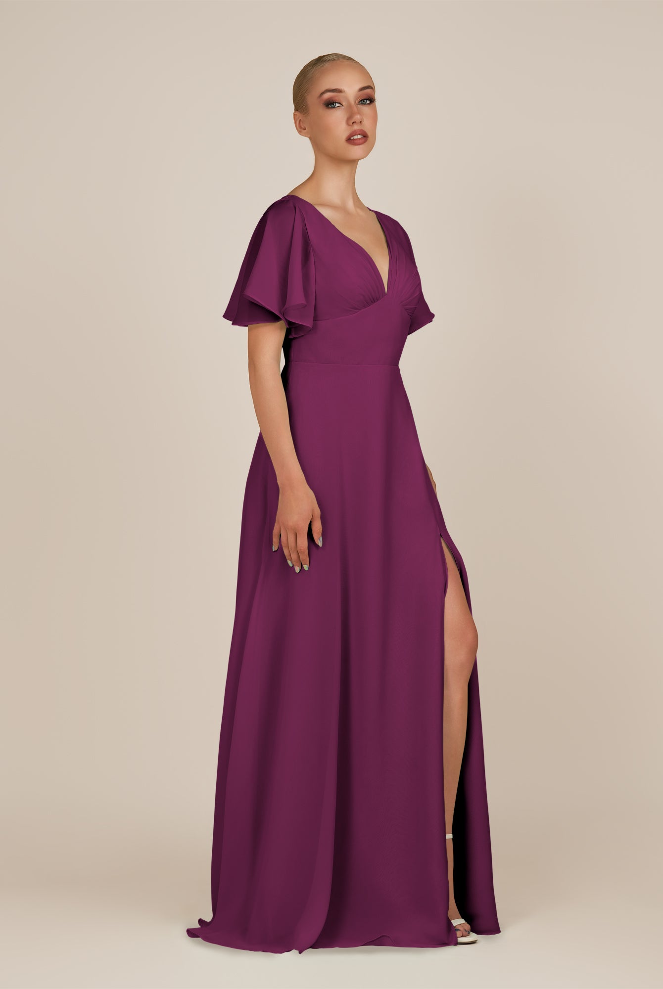 KissDress-Zorina Fig Sheath Chiffon Cap Sleeves V Neck Long Bridesmaid Dress with Slit