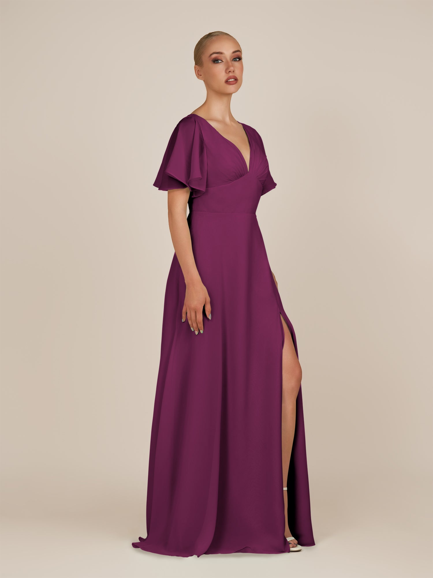 KissDress-Zorina Fig Sheath Chiffon Cap Sleeves V Neck Long Bridesmaid Dress with Slit