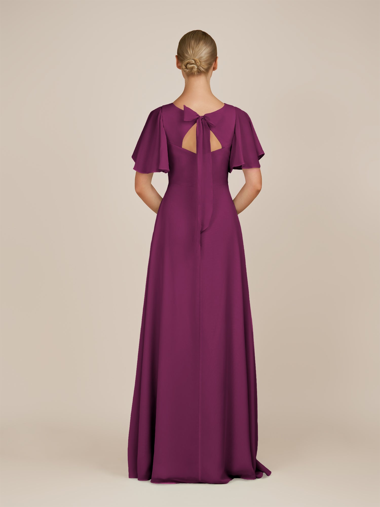 KissDress-Zorina Fig Sheath Chiffon Cap Sleeves V Neck Long Bridesmaid Dress with Slit