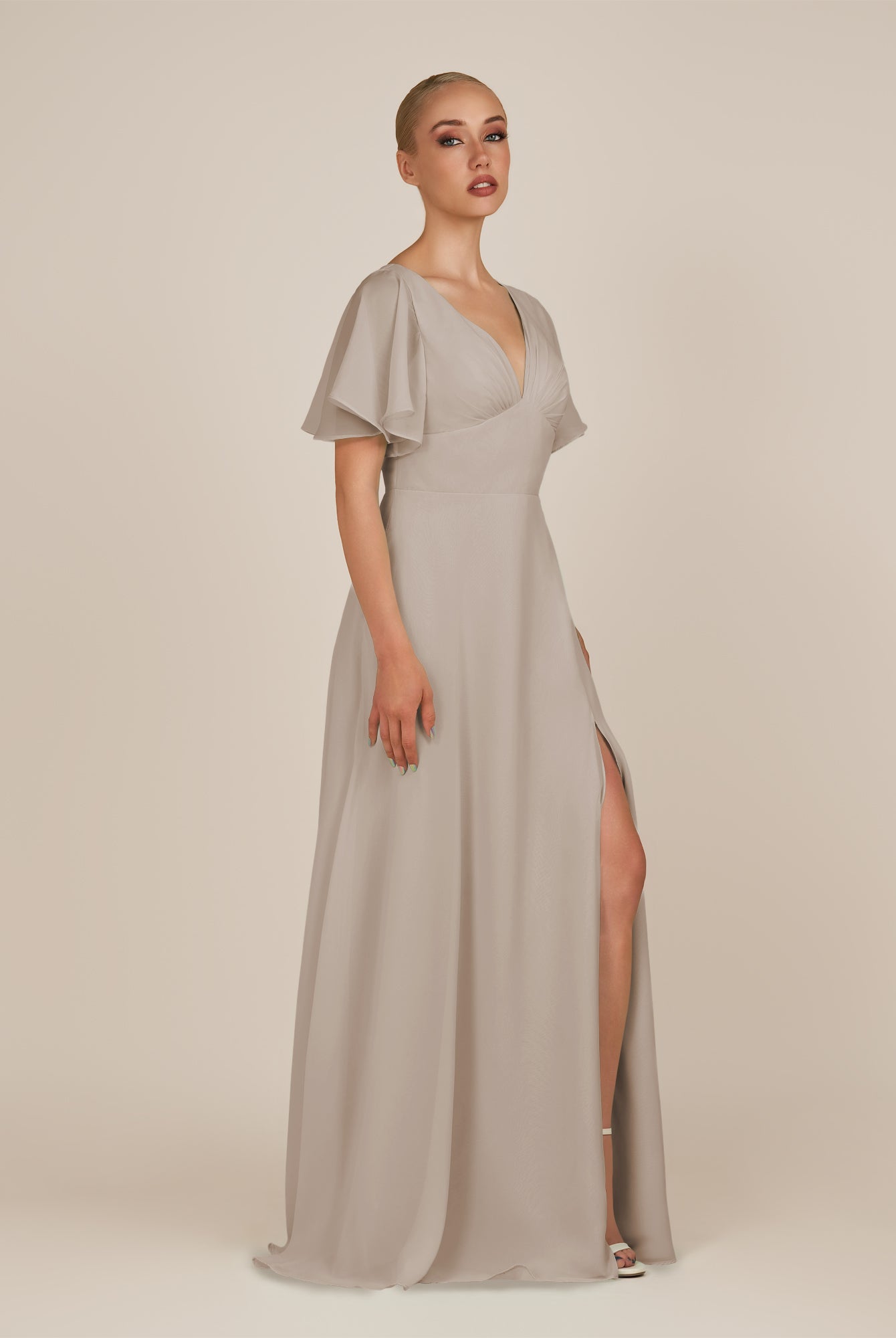 KissDress-Zorina Frost Sheath Chiffon Cap Sleeves V Neck Long Bridesmaid Dress with Slit
