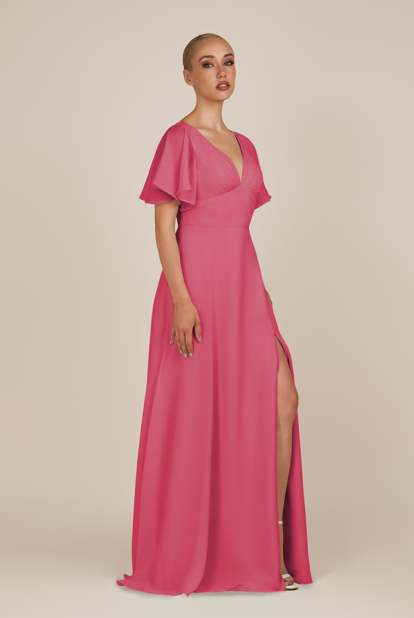 KissDress-Zorina Fuchsia Sheath Chiffon Cap Sleeves V Neck Long Bridesmaid Dress with Slit