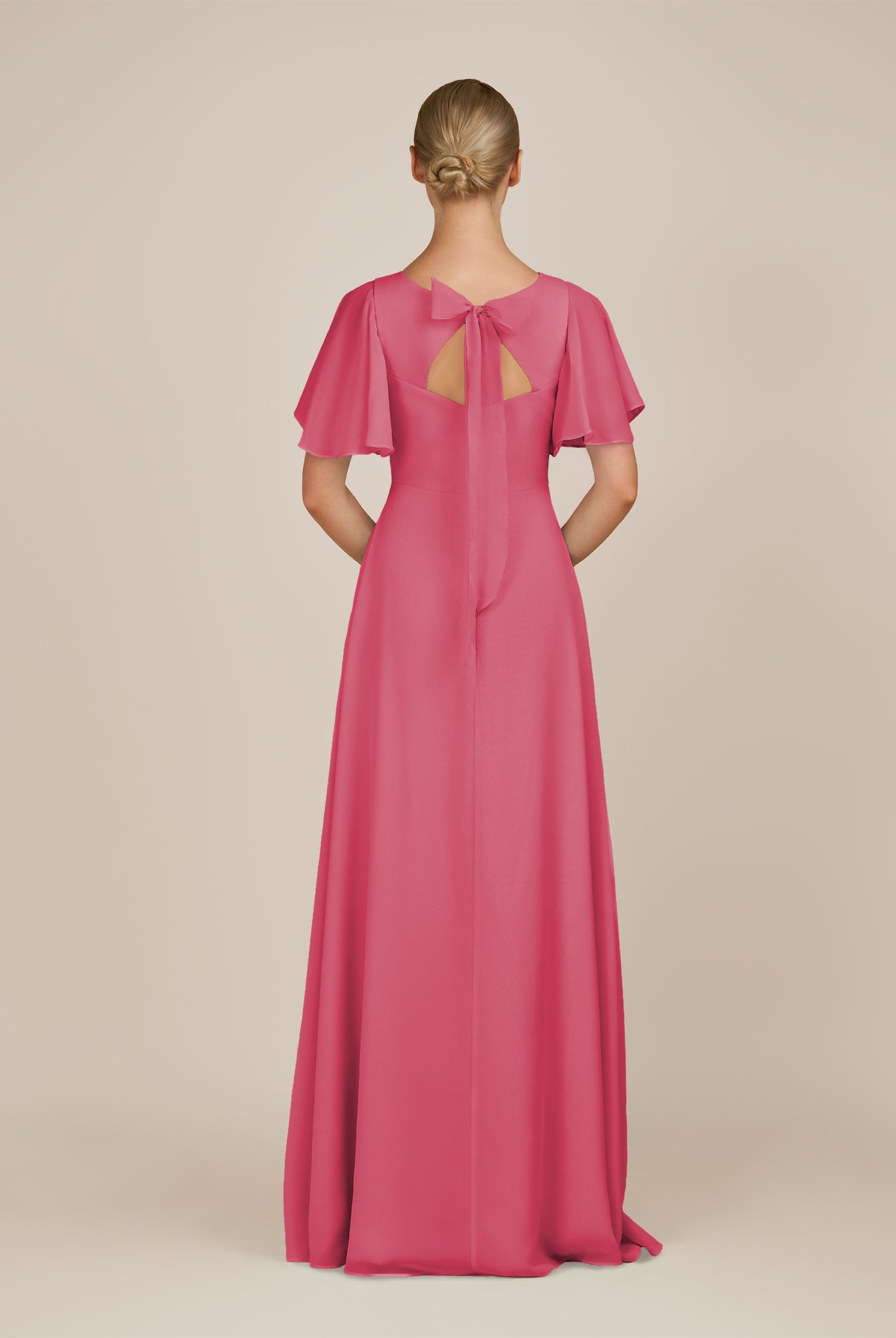 KissDress-Zorina Fuchsia Sheath Chiffon Cap Sleeves V Neck Long Bridesmaid Dress with Slit