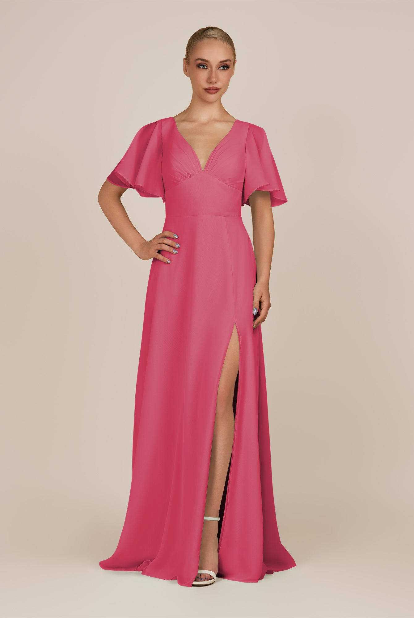 KissDress-Zorina Fuchsia Sheath Chiffon Cap Sleeves V Neck Long Bridesmaid Dress with Slit