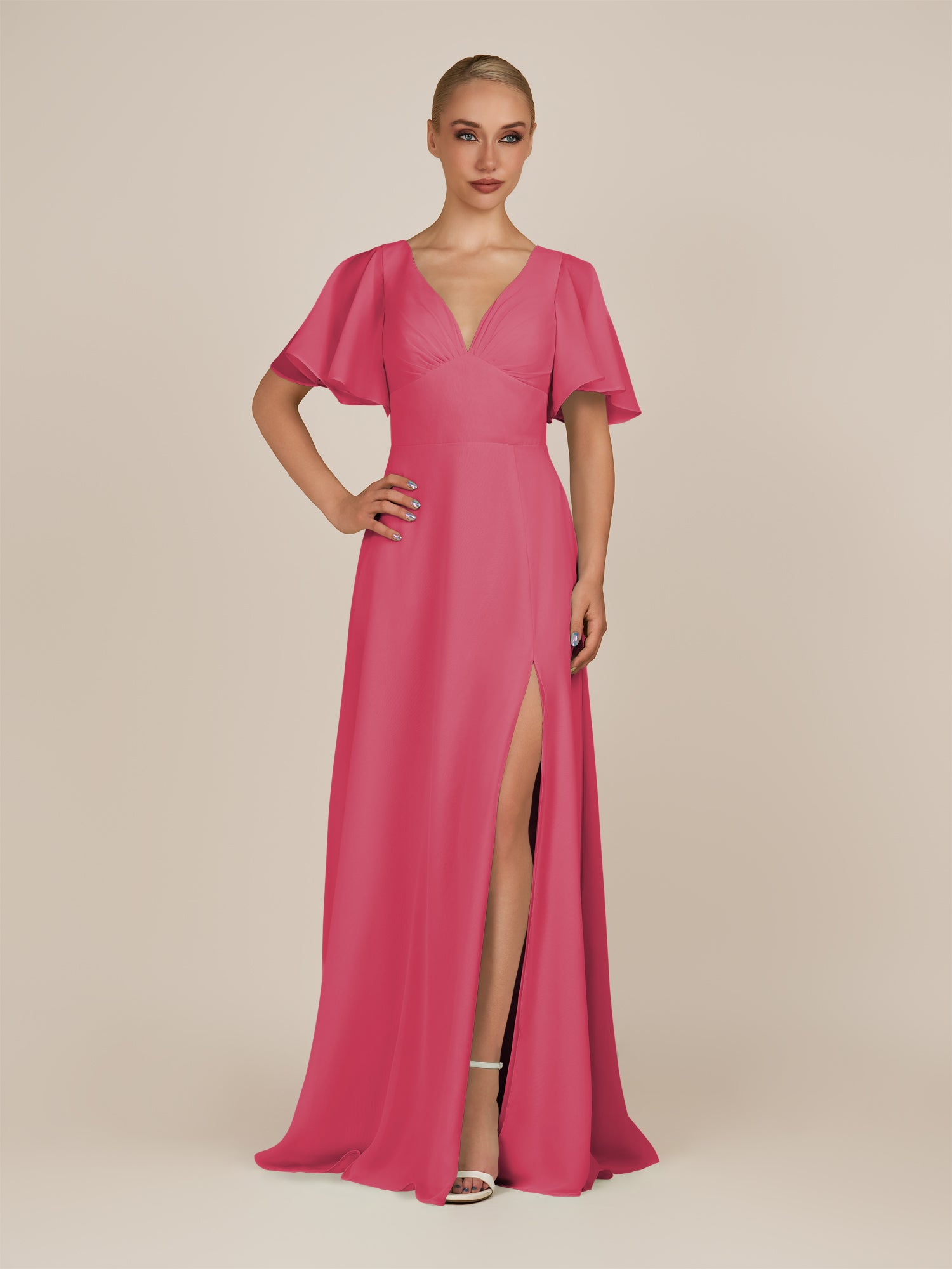 KissDress-Zorina Fuchsia Sheath Chiffon Cap Sleeves V Neck Long Bridesmaid Dress with Slit