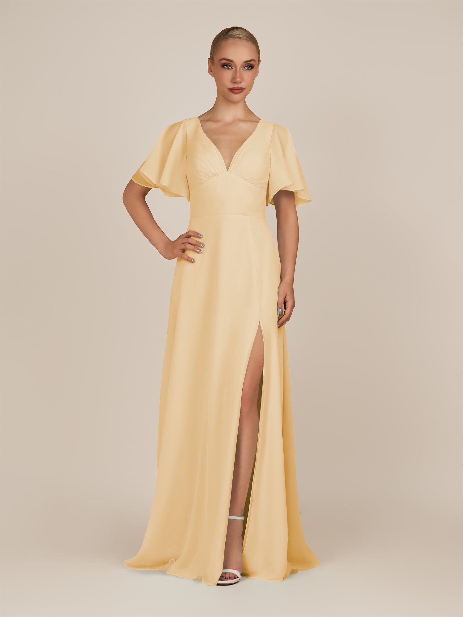 KissDress-Zorina Golden Champagne Sheath Chiffon Cap Sleeves V Neck Long Bridesmaid Dress with Slit